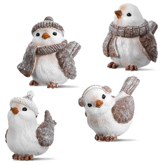 Cinnvoice 4 Pcs Wintry Resin Figurines Winter Christmas Bird Tabletop Figurine Decorations for Xmas Holiday Home Decor and Gifts (Cute)