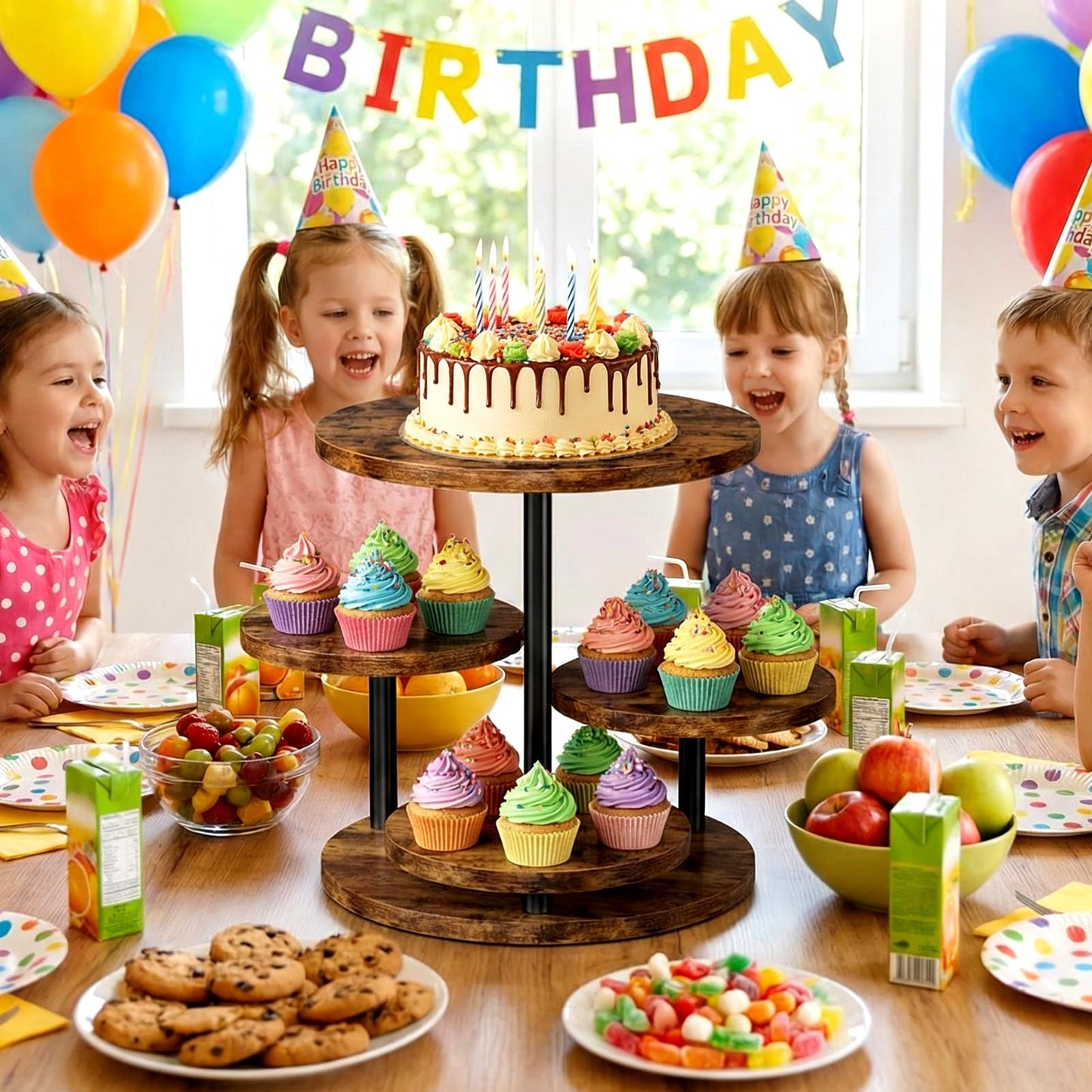 FZGhome Cupcake Stand 4 Tier for 50 Cupcakes Wooden Cake Stand 360°Rotatable Dessert Stands Round Cookie Tiered Tray Stand for Party Birthday Wedding Baby shower Afternoon Tea Dessert Table, Brown