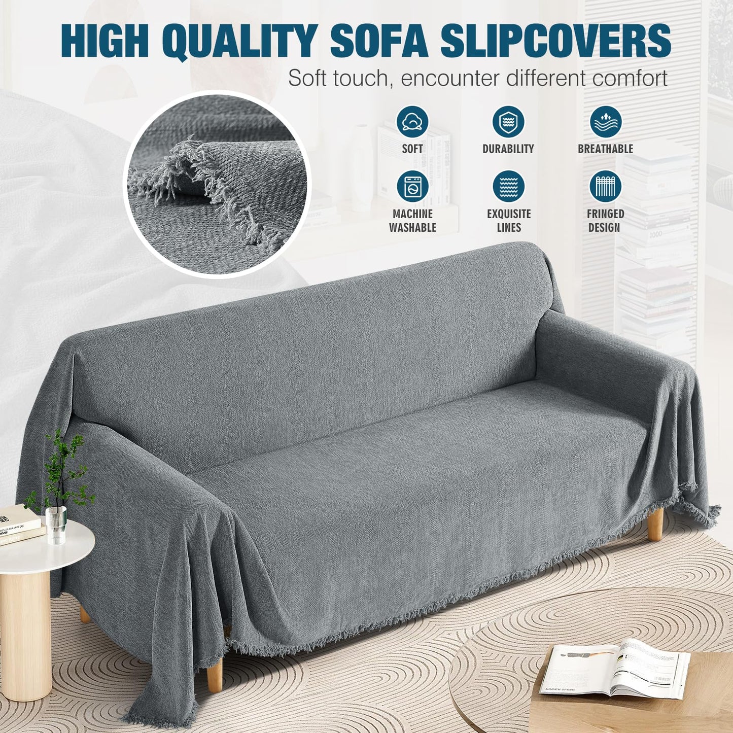 KinCam Couch Covers for 3 Cushion Couch Sofa Cover Washable Sectional Couch Cover for Dogs Tassel Sofa Blanket Cover Pet Friendly Soft and Durable for Most Furniture(71" x 134", Grey)