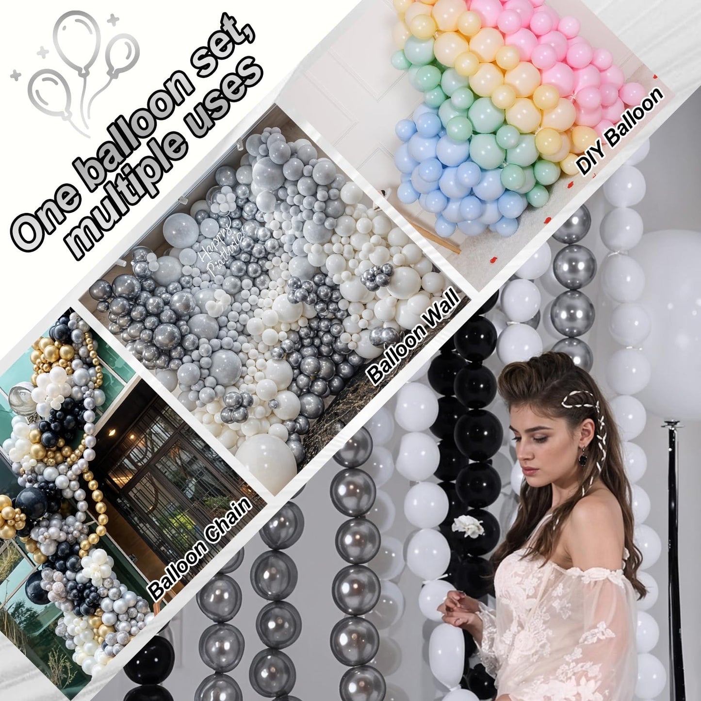 Black White and Gold Linking Balloons, 90PCS Black Gold and White Balloon Arch, Metallic Silver Quick Linked Connecting Balloon for Wedding Birthday Baby Shower Graduation New Year Party Decorations