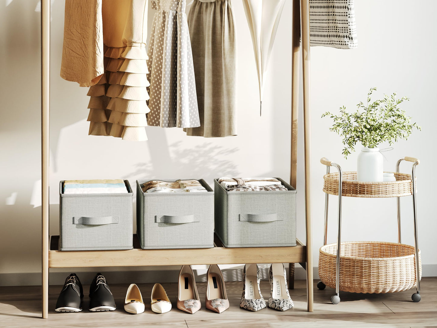 LayerSpace 3 Pack Fabric Storage Bins for Shelves | 14.75x10.25x8.25 in Storage Baskets | Fabric Closet Organizers with Handles Home Organization | Linen Clothes Storage Bins | Light Gray