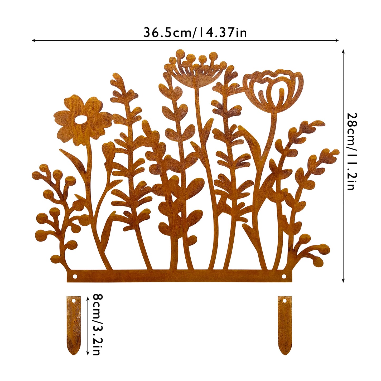 Metal Wild Flowers Stakes 14.4 * 14.0 inches, Metal Flowers Yard Art, Decorative Garden Stakes, Fence Topper Decor, Lawn Art Decor Plants Yard Decorations for Outdoor with Rusty Paint Process
