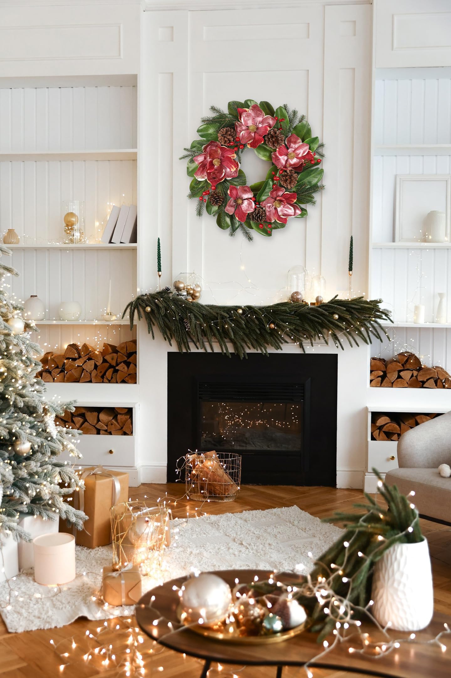 Briful 24in Christmas Magnolia Flower Wreath for Front Door Artificial Red Magnolia Floral Wreath with Pine Cones Berries Outdoor Christmas Wreath for Xmas Home Room Wall Window Mantle Decor