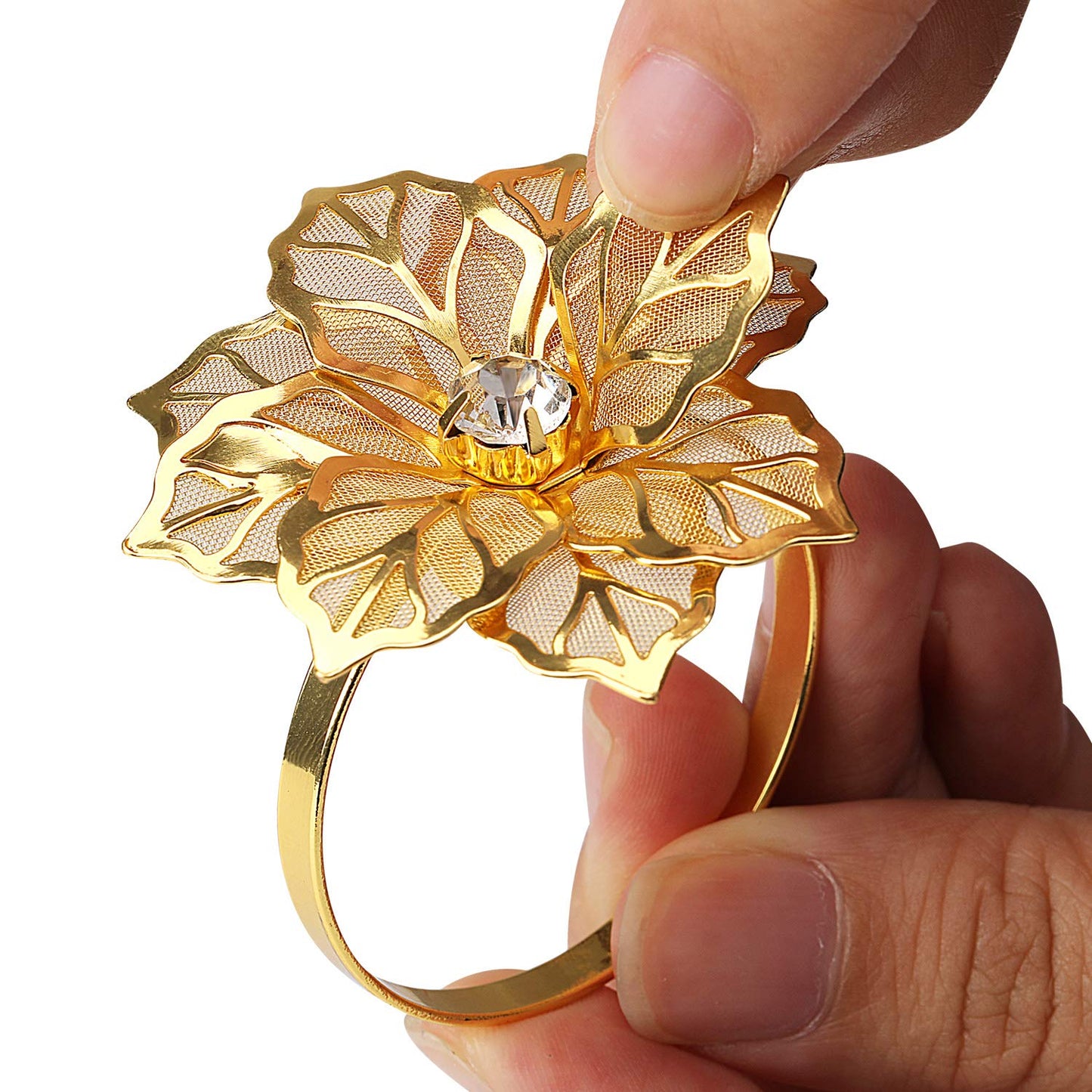 KPOSIYA Set of 20 Napkin Rings, Metal Gold Hollow Out Flower Napkin Ring Holder for Wedding Party Holiday Banquet Christmas Dinner Delicate Serviette Buckles Decor Favor (20, Flower-Gold)