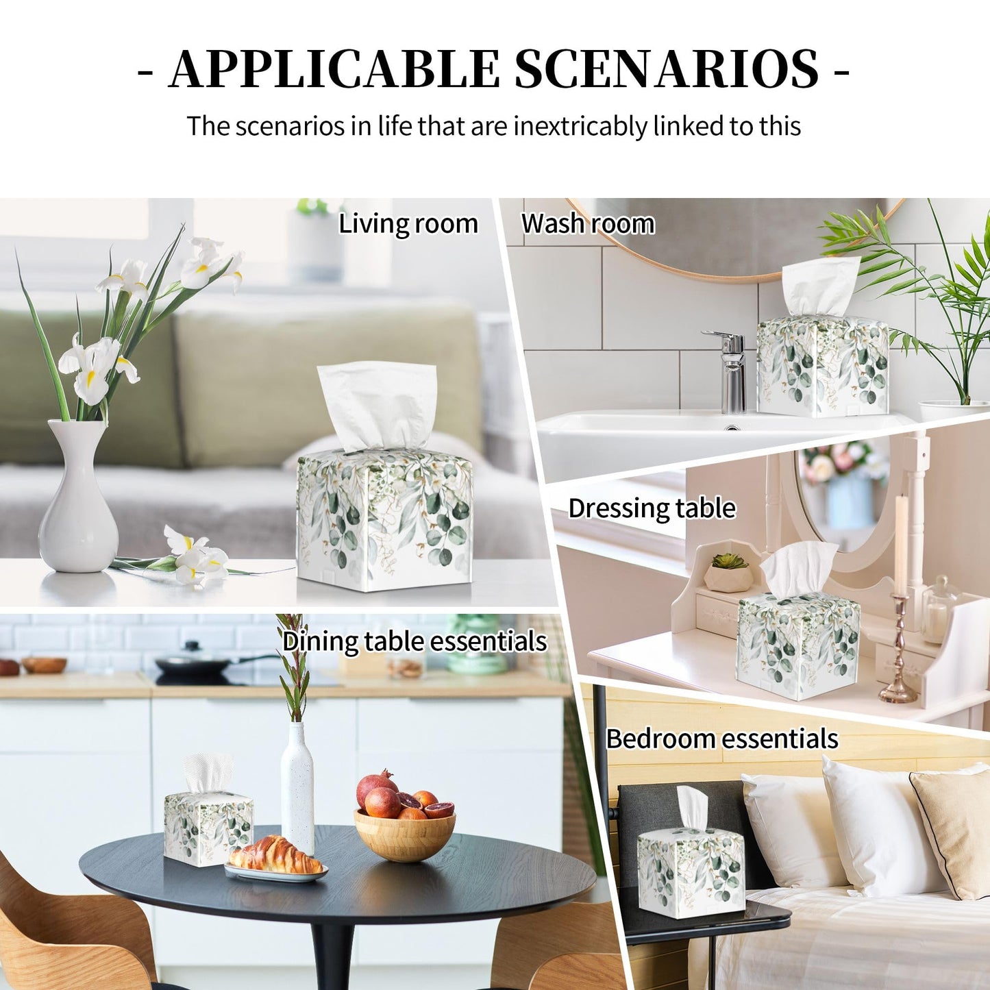 Eucalyptus Leaves and Flowers Tissue Box Cover Square,Watercolor Green Leaves Branches Tissue Box Holder Waterproof Leather Facial Paper Organizer Dispenser for Bathroom Home Car Nightstand Vanity