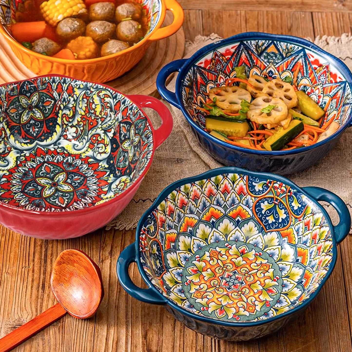 Ronanemon Bohemia Large Bowls with Handle, 40 oz Ceramic Soup Bowl for Salad, Pasta, Cereal,Fruit, Udon, Microwave & Dishwasher Safe (Red)