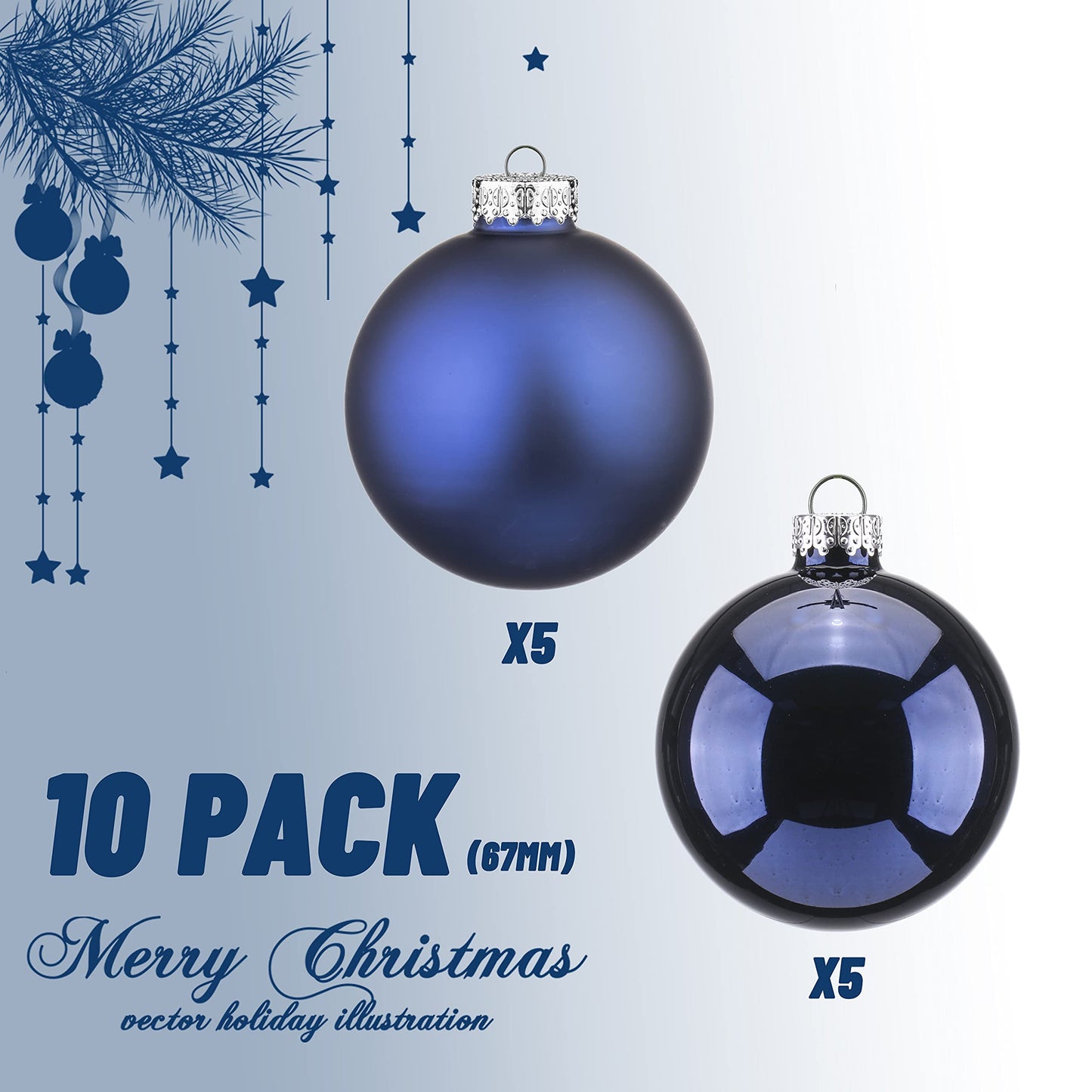 Amooca 2.64'' Christmas Glass Balls Decoration Festival Party Home Decors Holiday Xmas Tree Hanging Ornaments Set 10pc Dark Blue