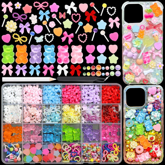 RODAKY Candy Junk Case Charms Kit Colored Bear Bow Charm for Cases 3D Lollipop Star Heart Charms Craft Design Resin Flatback Pearl Embellishment Accessories