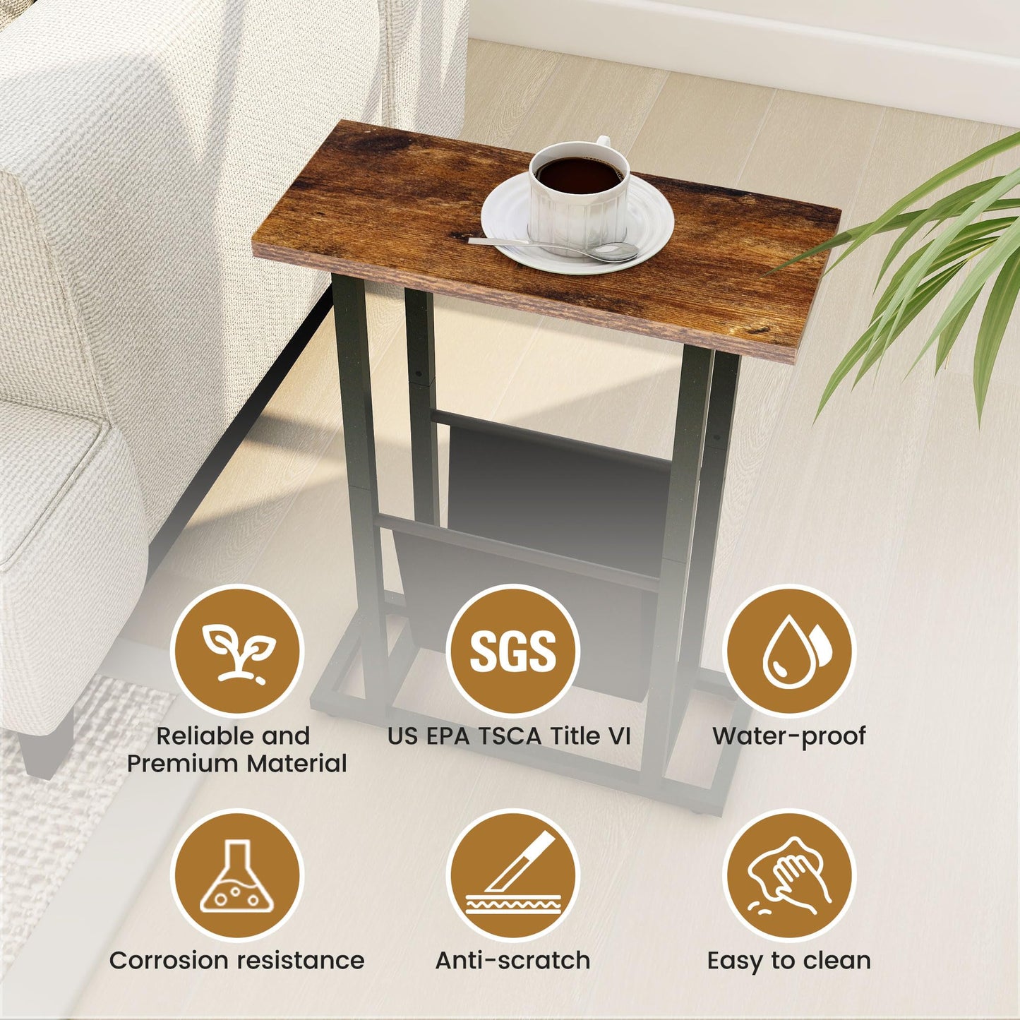 FLYJOE Narrow Side Table with PU Leather Magazine Holder Rustic Slim Little Thin Table for Living Room, Bedroom, Sofa, Rustic Brown