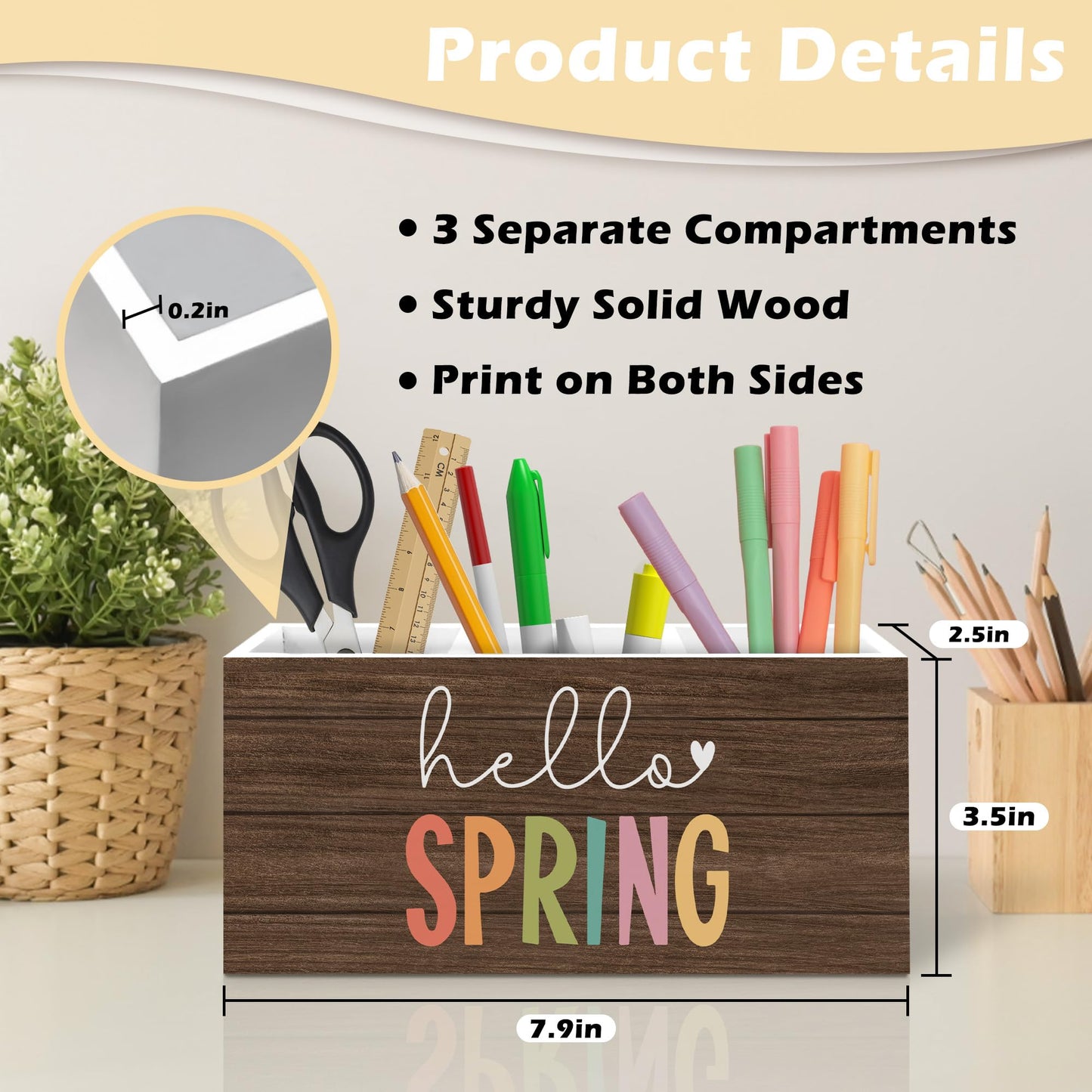 ANIANG Hello Spring Decor Pen Holder Organizer, Spring Seasonal Desk Decor, Rustic Farmhouse Wooden Pen Pencil Holders for Home Room Office Garden Desk Accessories