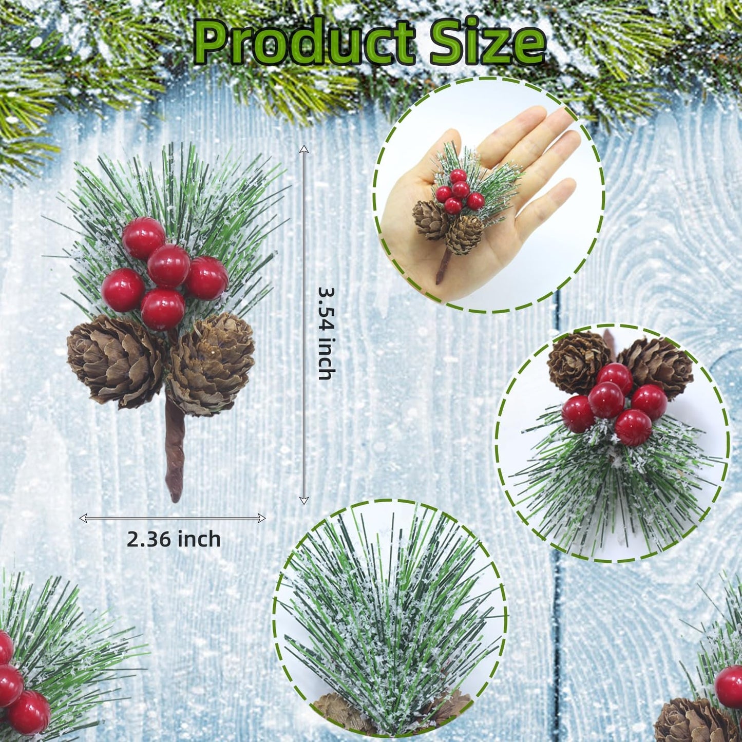 Snow Frosted Christmas Picks and Sprays, 20Pcs Artificial Pine Needles Branches with Red Berries, Pine Cones for Crafts, Floral Picks for Christmas, Winter Decor, Gift Wrap Embellishments (20)