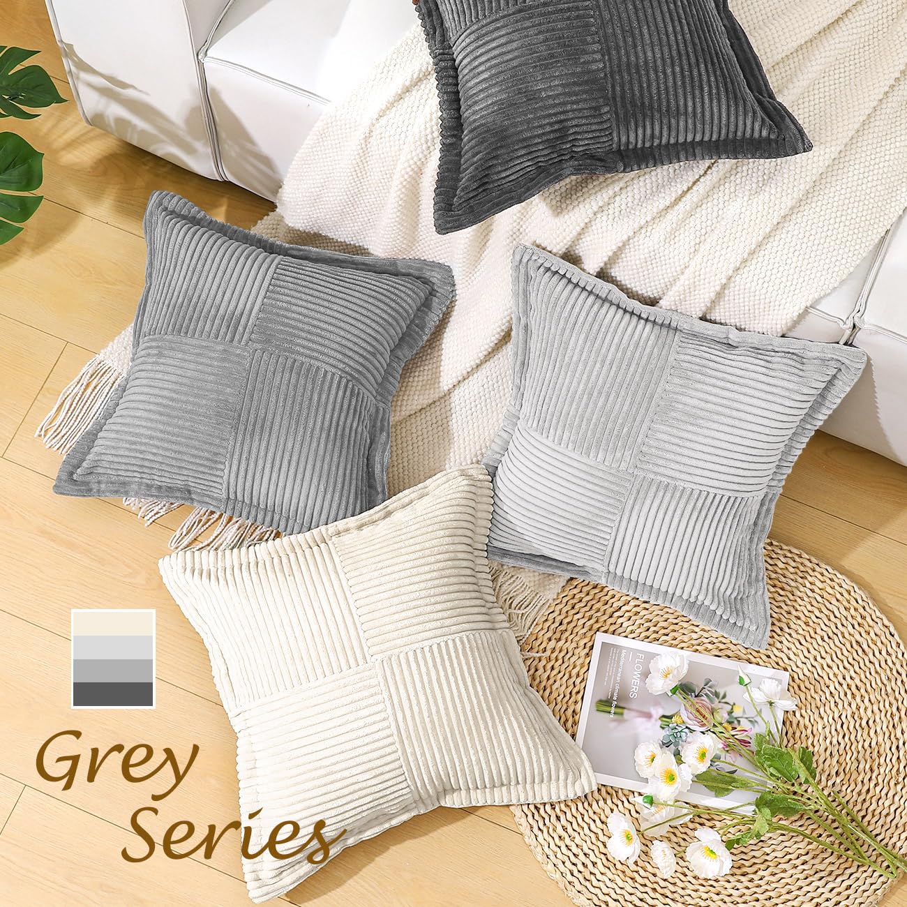 Lewondr Corduroy Throw Pillow Covers 18×18 Inch, 4 Pack Soft Square Throw Pillow Cases, Decorative Boho Striped Couch Pillow Covers for Living Room Bedroom Sofa Bed Office Cushion Cover, Gray