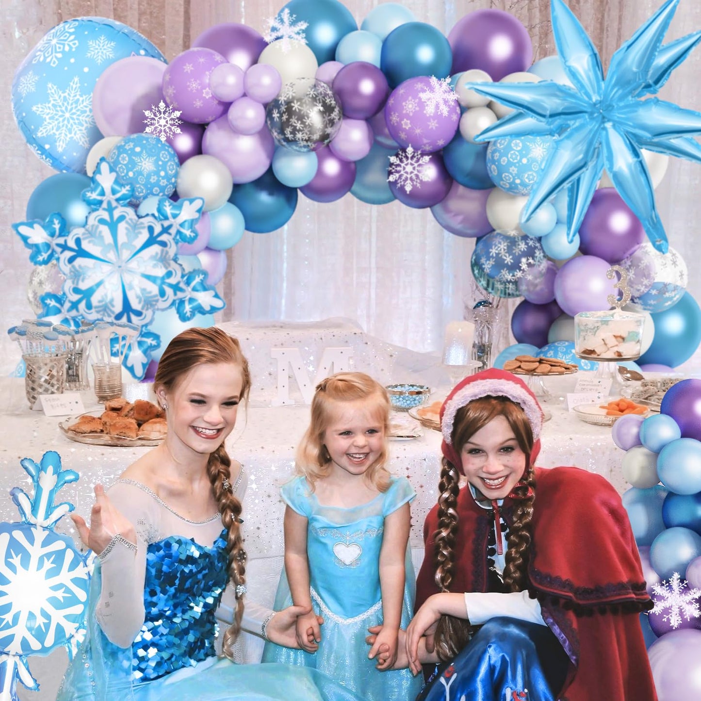 Amandir 162PCS Snow Birthday Party Supplies, Snow Balloon Garland Arch Kit Fringe Curtain Blue Purple Snowflake Confetti Balloons Princess Winter Wonderland Girl Baby Party Decorations
