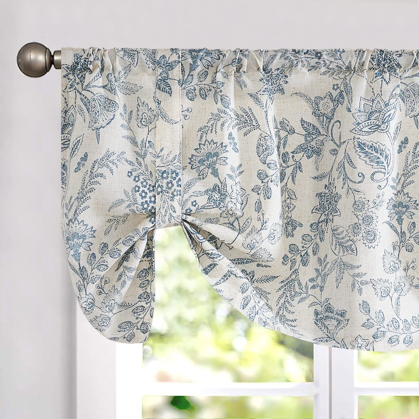 Lazzzy Kitchen Tie Up Valance Curtain Linen Floral Farmhouse Valance for Living Room Bathroom Bedroom Country Window Treatments Small Cafe Curtain 18 Inch Rod Pocket 1 Panel Blue on Beige