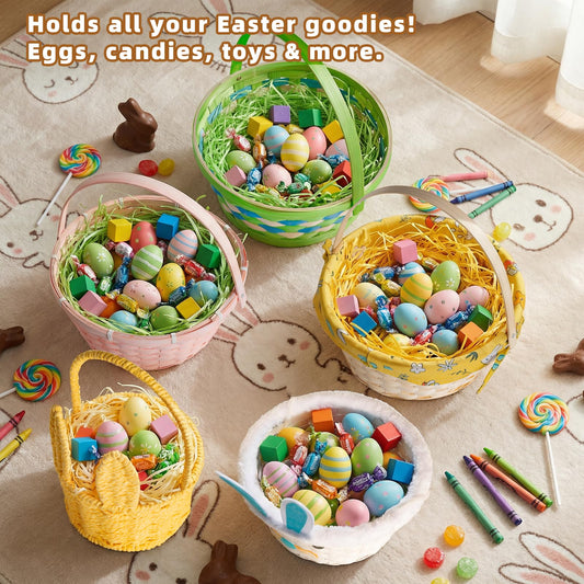 Lanpn Natural Bamboo Easter Basket 3PCS with Removable Bunny Fabric Liner and Raffia Grass for Egg Hunt Candy Picnic Seasonal Decoration (Yellow Pink Blue)