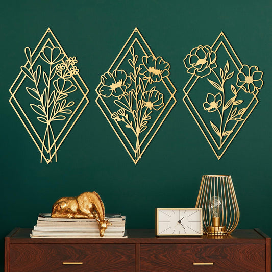 Peryiter 3 Pcs Gold Metal Flower Wall Decor Minimalist Floral Wall Art Hanging Rustic Farmhouse Art for Spring Living Room Bathroom Kitchen Outdoor