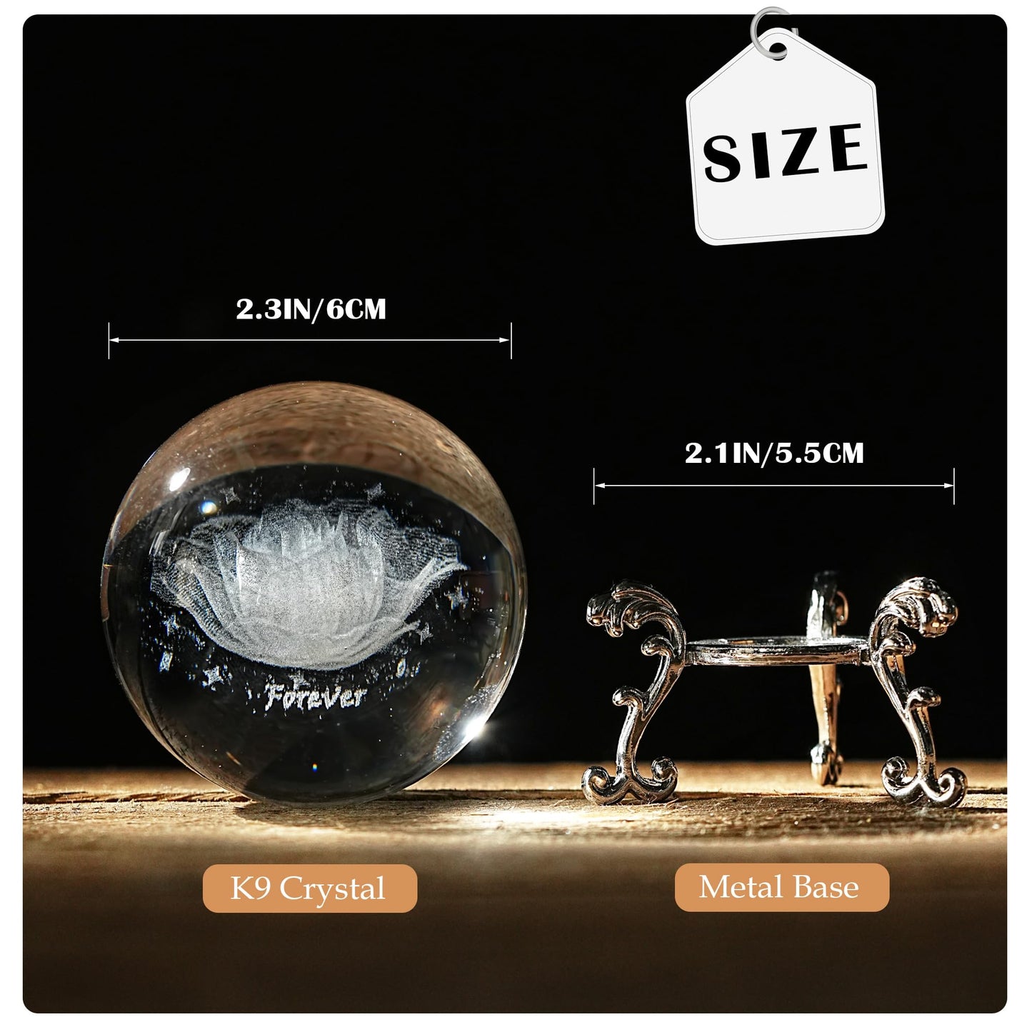 HDCRYSTALGIFTS 60mm 3D Inner Engraved Rose Flower Crystal Ball Paperweight with Sliver Stand Glass Sphere Rose Figurines Collectible Fengshui Decorative Ball Home Decor Gifts