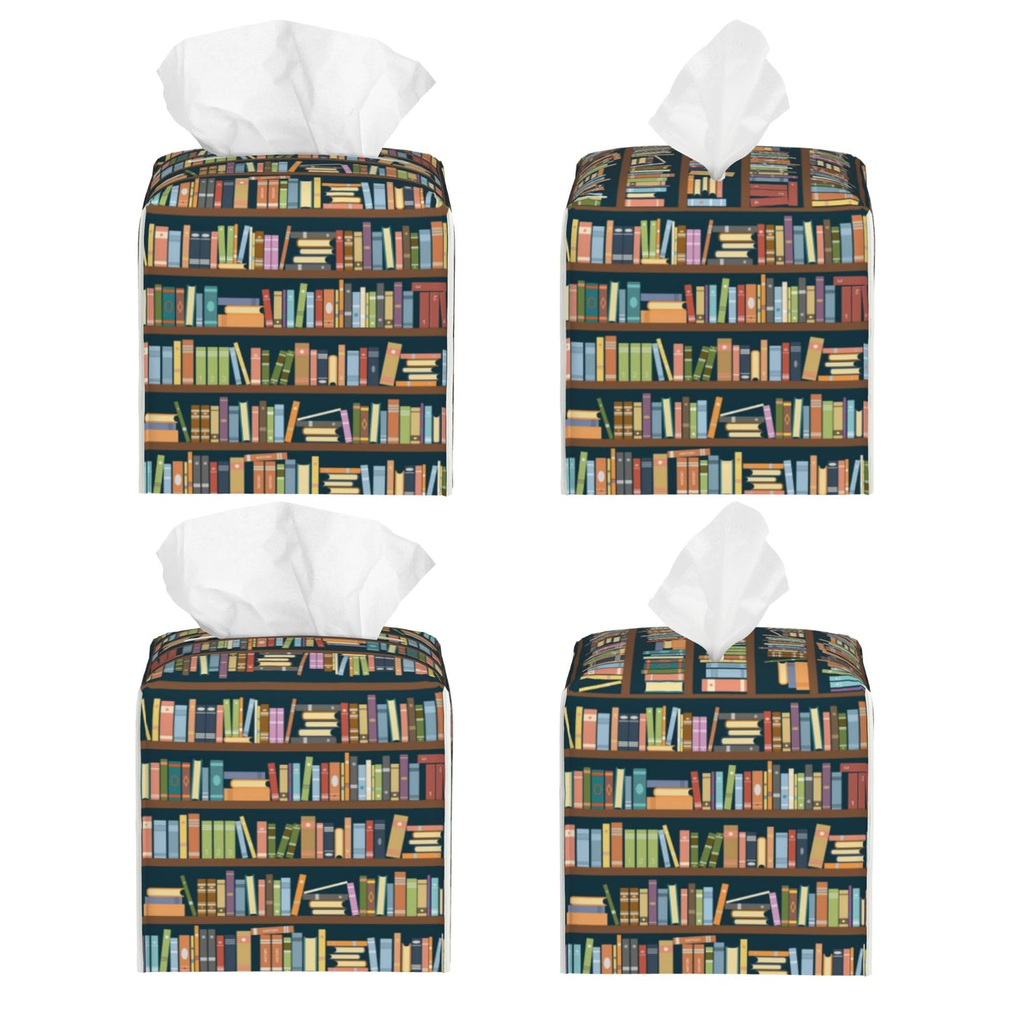 POIUBLE Tissue Box Holder Bookshelves Full of Books Tissue Box Cover Square Leather Tissue Holder Organizer Portable Decorative Facial Paper Case for Home Office Bathroom Vanity Countertop