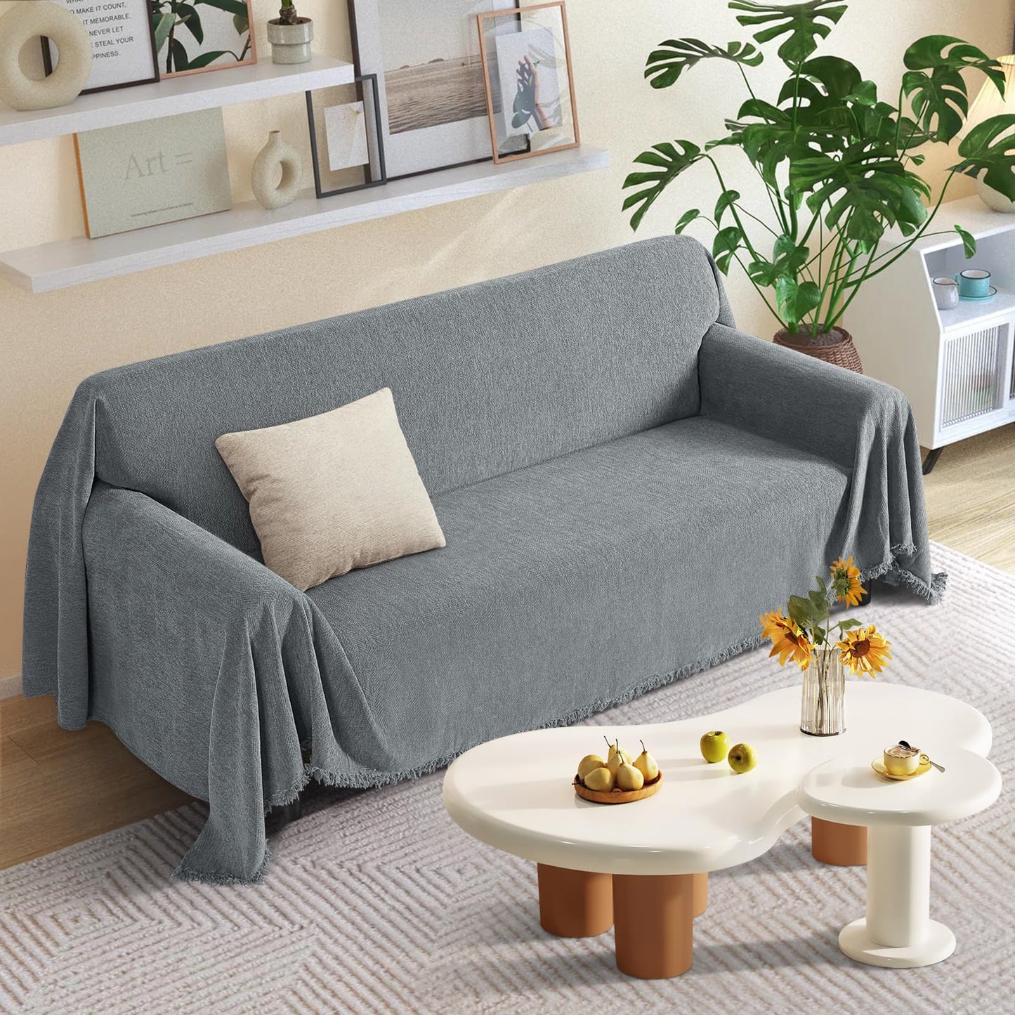KinCam Couch Covers for 3 Cushion Couch Sofa Cover Washable Sectional Couch Cover for Dogs Tassel Sofa Blanket Cover Pet Friendly Soft and Durable for Most Furniture(71" x 134", Grey)