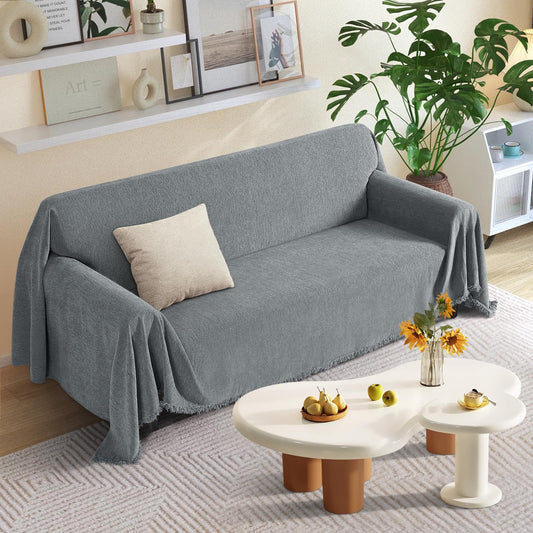 KinCam Couch Covers for 3 Cushion Couch Sofa Cover Washable Sectional Couch Cover for Dogs Tassel Sofa Blanket Cover Pet Friendly Soft and Durable for Most Furniture(71" x 134", Grey)
