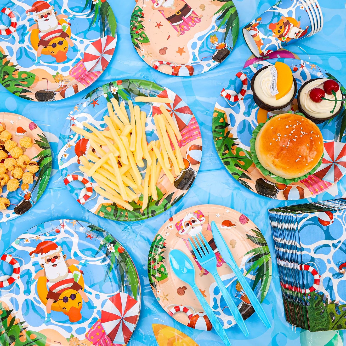 HOWAF 117pcs Hawaii Christmas Decorations Tableware Set, Paper Plates and Napkins Sets Plastic Xmas Santa Tablecloth Disposable Dinnerware Beach Party Paper Cups Forks Supplies