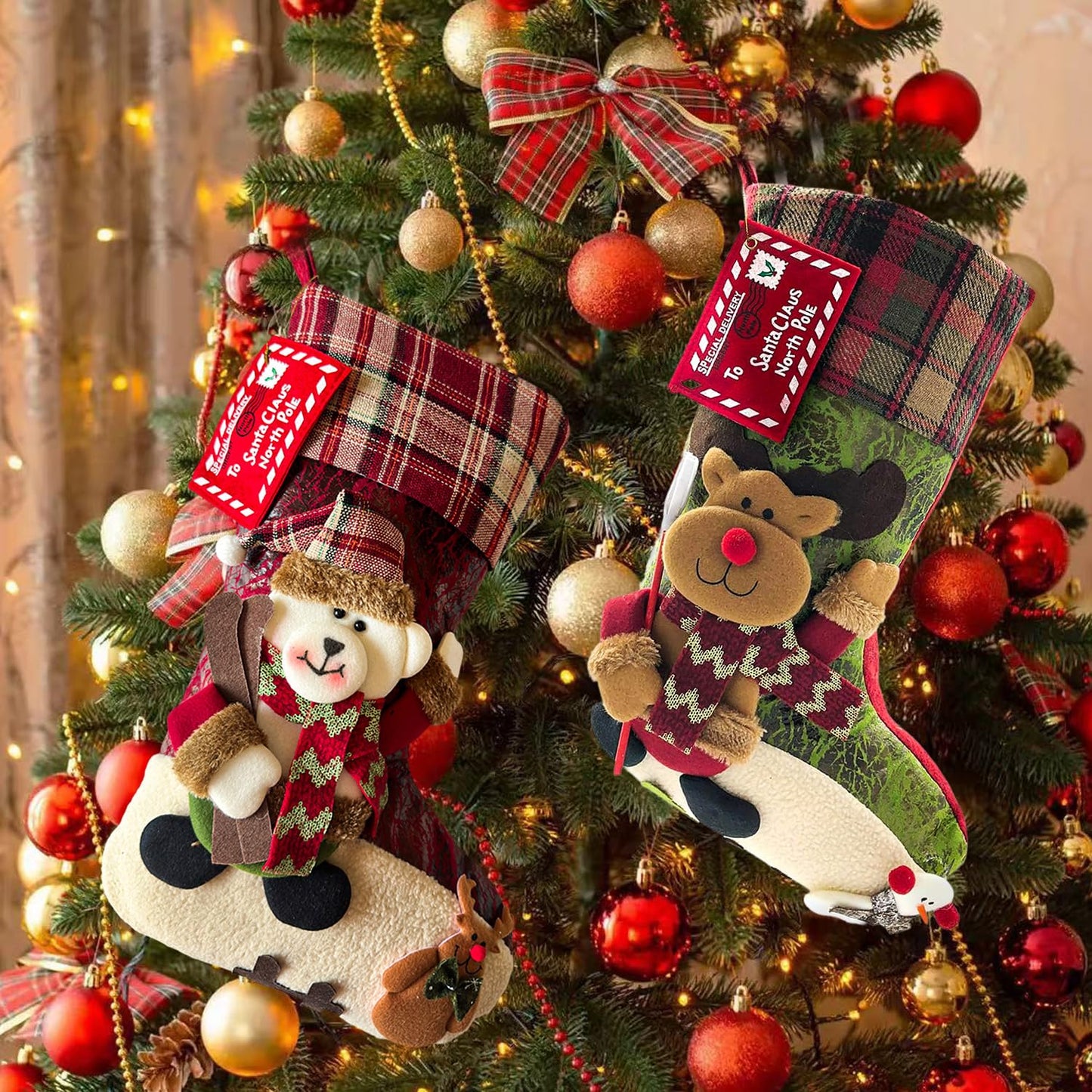 ETERAMUS 21 inch Plaid Christmas Stockings Deer, Bear, Animal One Piece, Felt Large Plush 3D Reindeer Snowman Design Hanging Stocking for Girls Boys Xmas Tree Mantel Party Decor (Green)