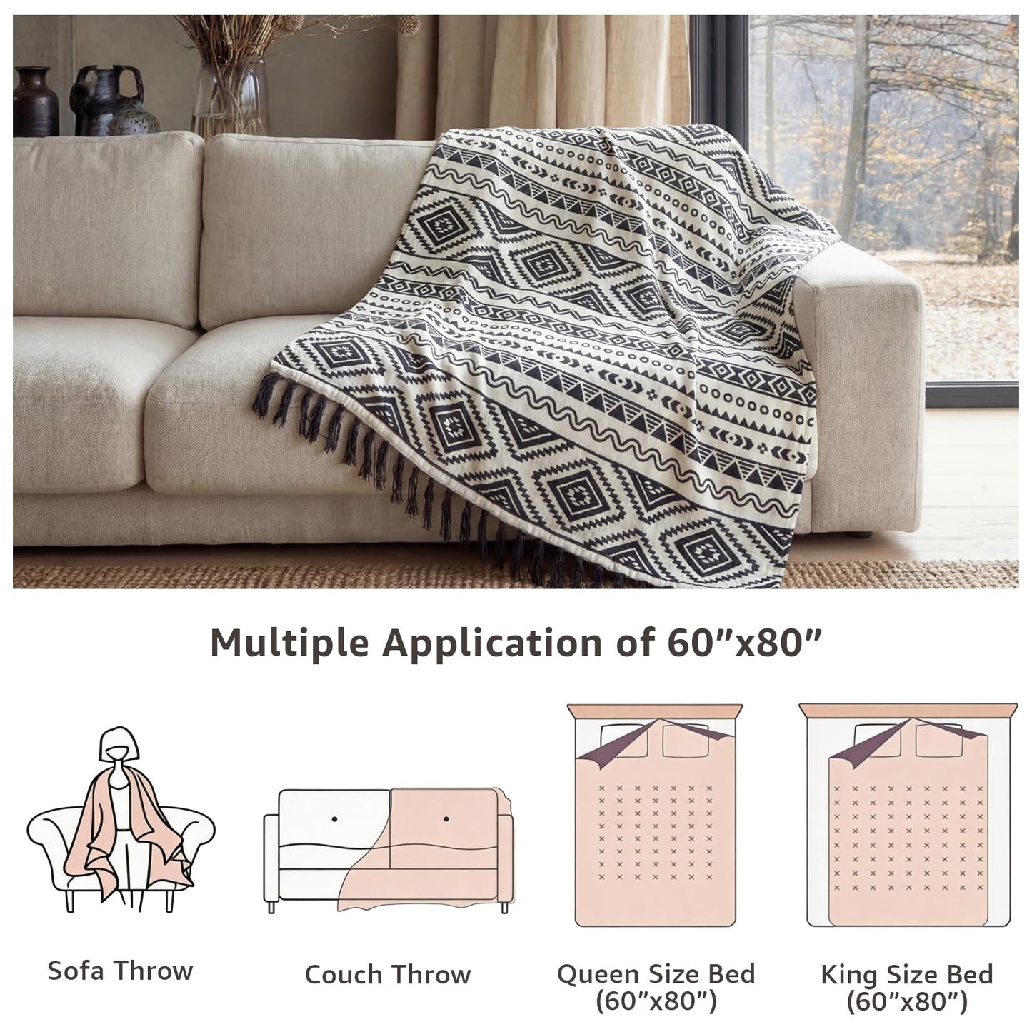 CASAAGUSTO Boho Throw Blanket for Couch - Farmhouse Throw Blanket with Tassel, Western Aztec Blanket, Printed Flannel Bohemian Blanket,Gifts for Women(50x60 Inches, Black and White)