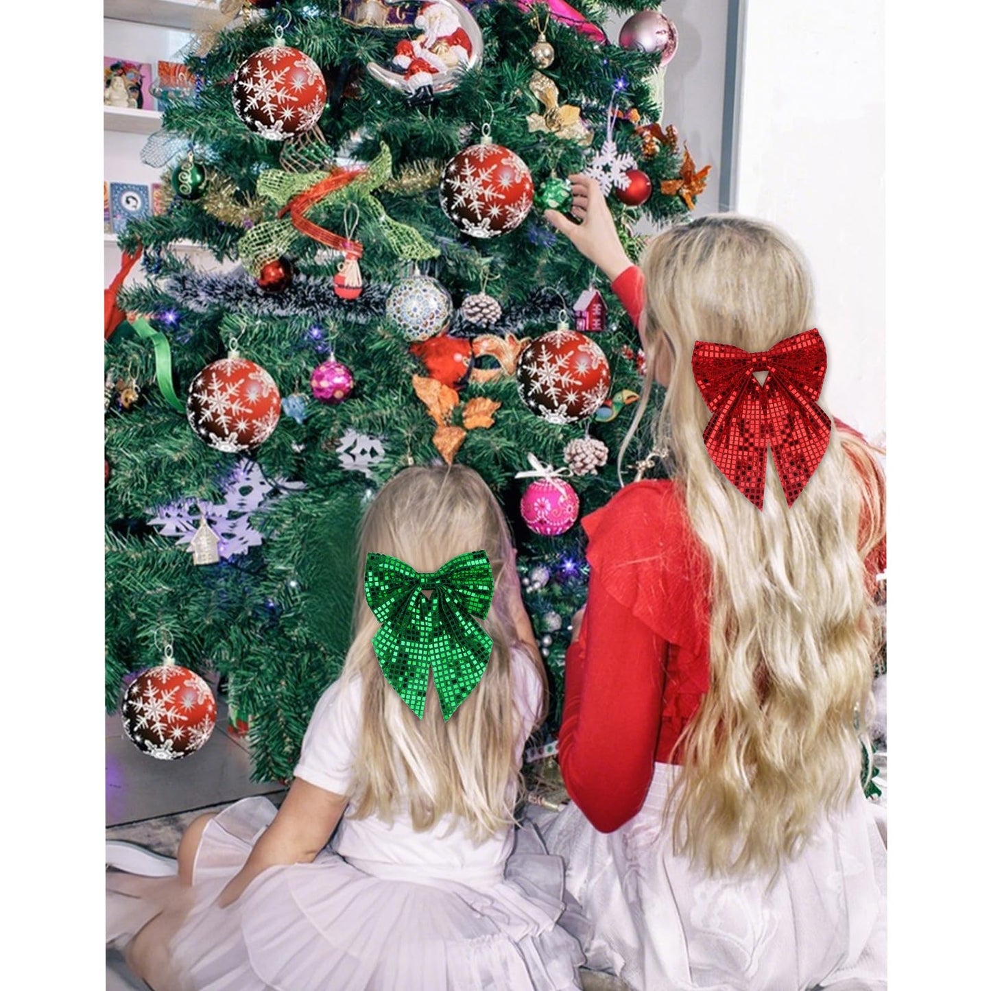 AMCAMI 2Pcs Christmas Bows Hair Clips, Glitter Sequin Bow Barrettes,Sparkly Christmas Hair Accessories Gifts Stocking Stuffers(Red & Green)