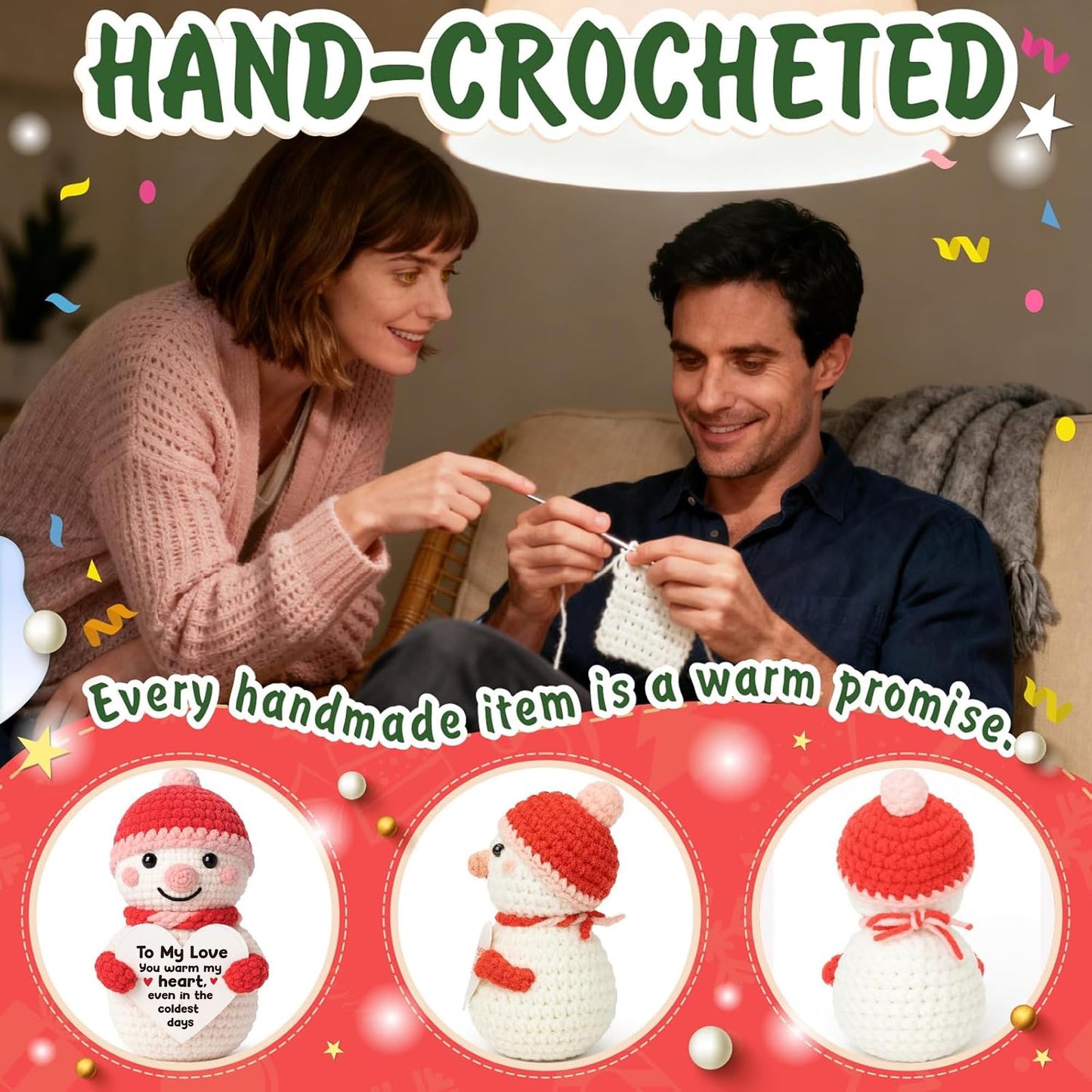 Touodo Handmade Crochet Snowman Doll with Gift Card – Cute Winter Holiday Plush Toy for Loved One, Friend, Boyfriend, Girlfriend, Wife, Husband