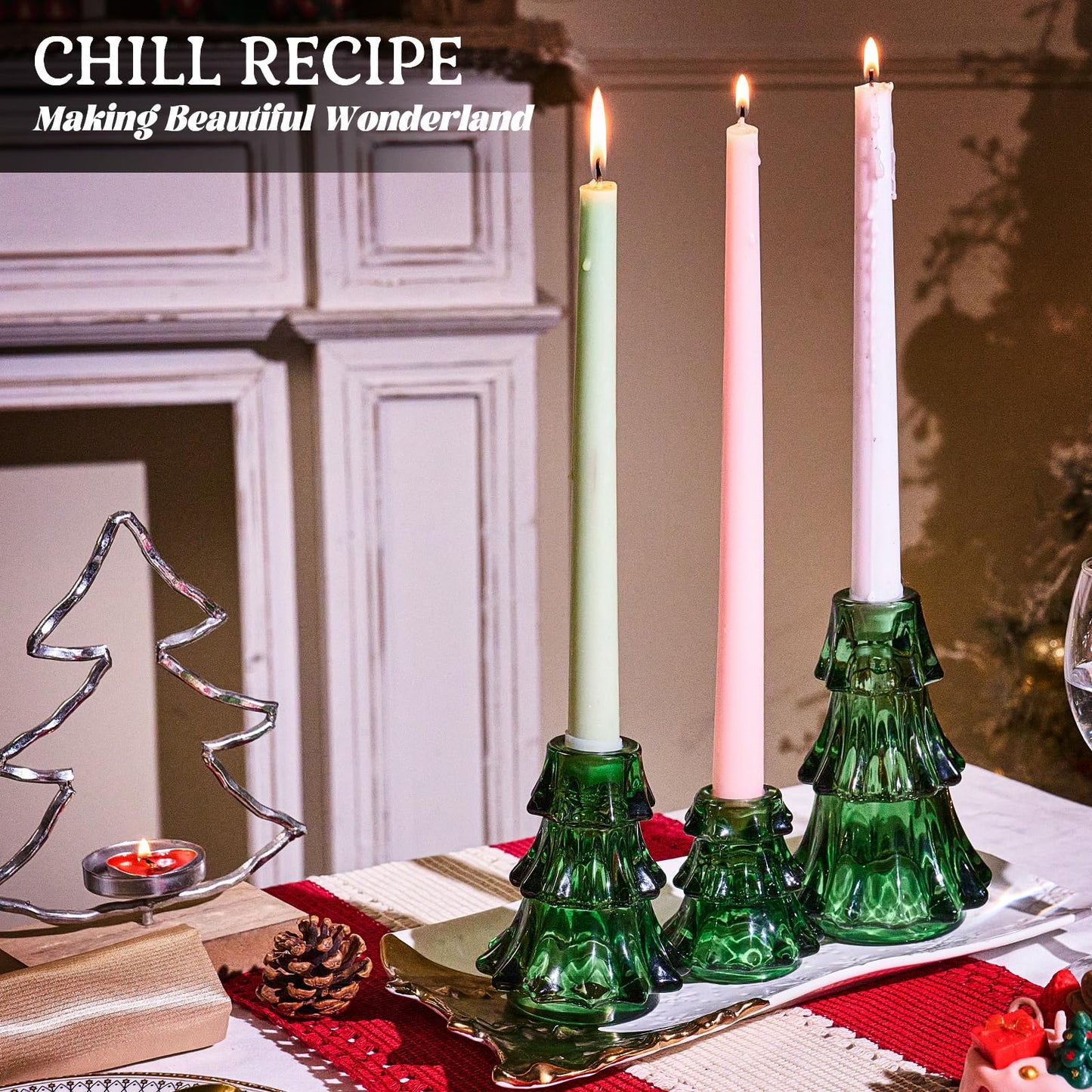 CHILL RECIPE Christmas Tree Candle Holders Xmas Glass Taper Candlestick Holders Thickened with Rubber Candle Grippers for Decoration Table Centerpiece Dinner Party Home Decor(Green 3Pcs &Box)