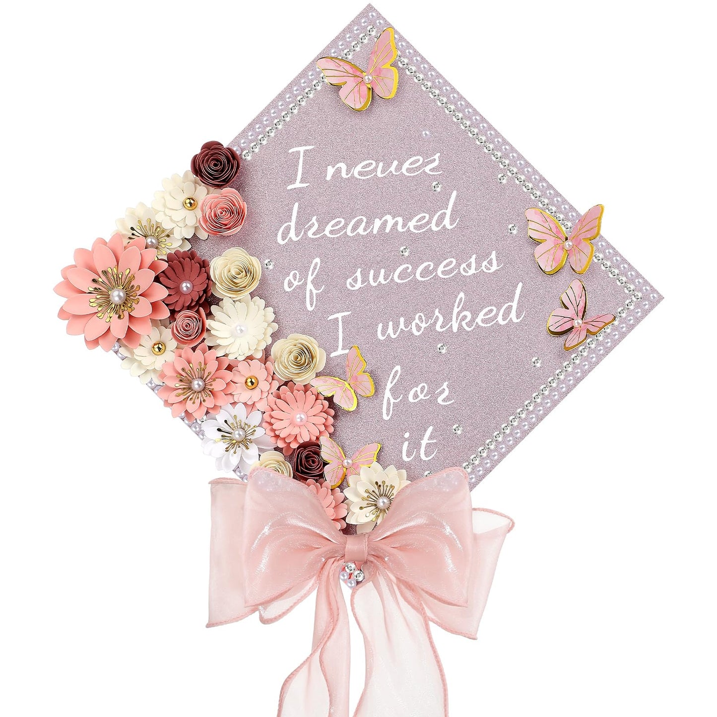 MotiMind 46 Pcs DIY Graduation Cap Decorations Kit Included Paper Flowers, 3D Butterfly Stickers, Rhinestone, Letter, Pearl Stickers, Mesh Ribbon Bow for DIY Grad Cap Decor(Pink)