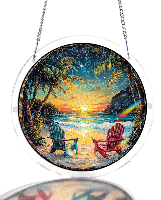Acrylic Jigsaw Puzzle Suncatcher - Beach Sunset, Stained Glass Window Hanging, DIY Sun Catcher Kit Home Decor for Window Garden Hanging, Gift for Women, Mom, Friends (7.4 in)