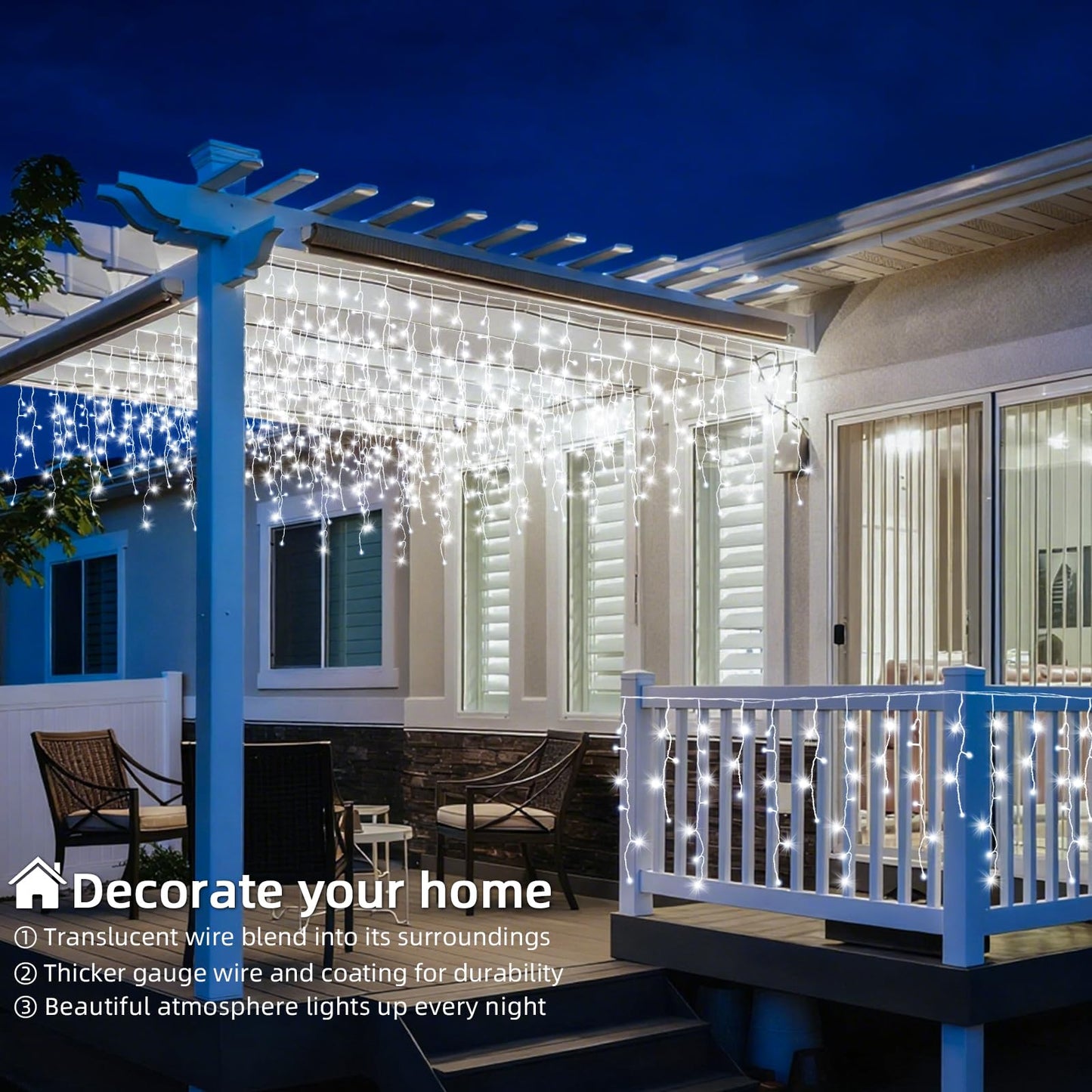 BYIZO Christmas Outdoor Icicle Lights - 480 LED 66+33 FT 8 Modes Curtain Fairy String Light Plug in, Waterproof for Eaves Yard Holiday Xmas Holiday Indoor Outdoor Decoration - White