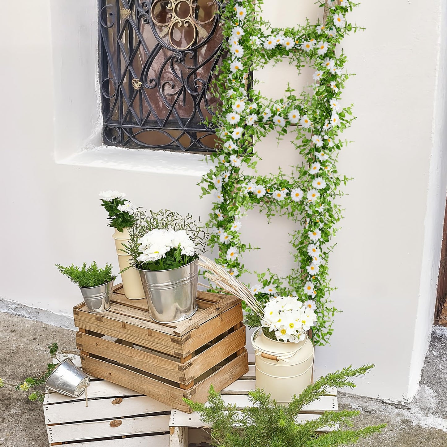 Norme 2 Pcs 6 Ft Artificial Daisy Garland with 100 Fake Flowers Hanging Vine Spring Garland Floral for Decorating Wedding Baby Shower Summer Window Mantle Staircase Farmhouse Table Centerpiece(White)