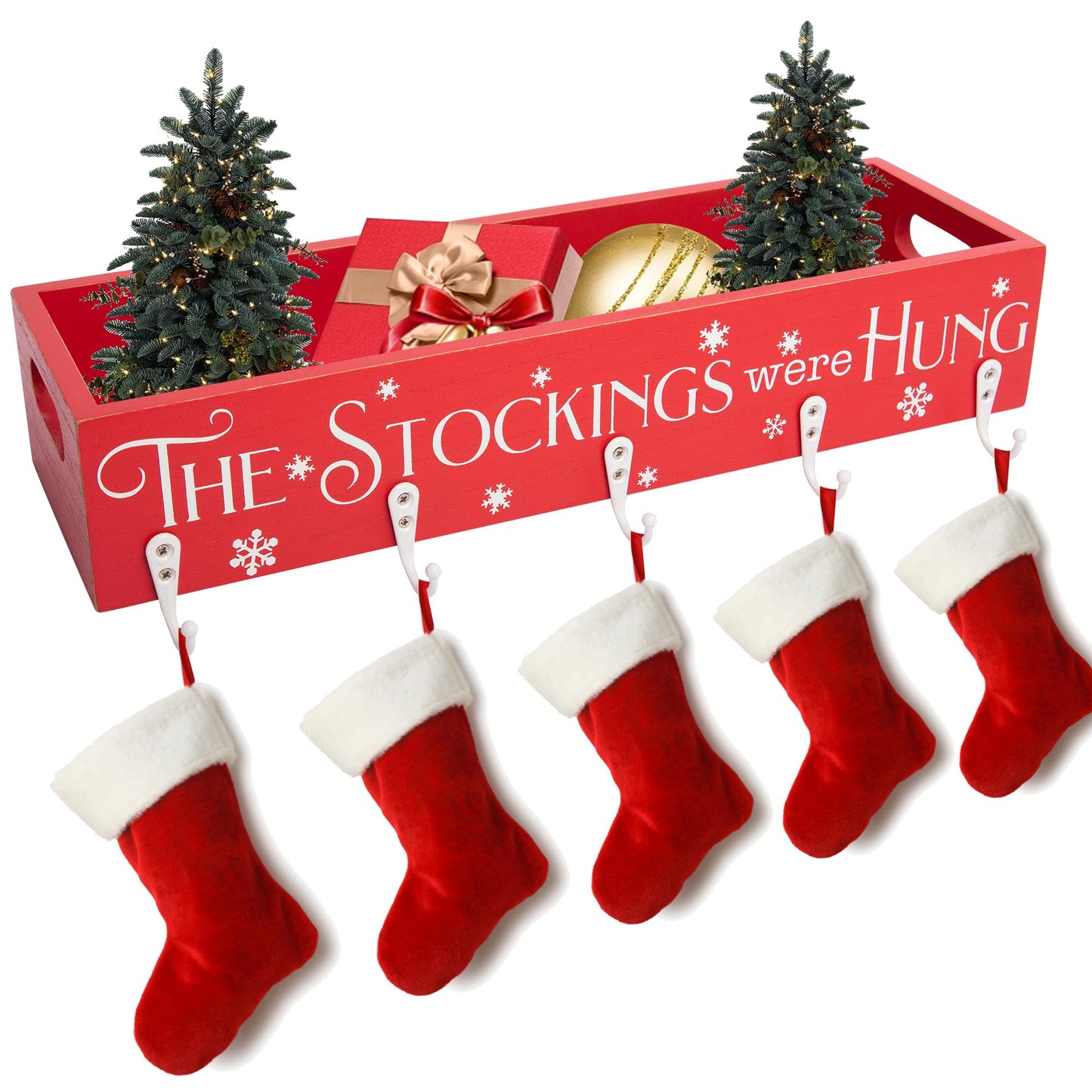 HPC Decor Christmas Stocking Holders, Wooden Box with 5 Hook Stockings Hangers Christmas Decoration for Fireplace Mantel Wood Organizer Storage