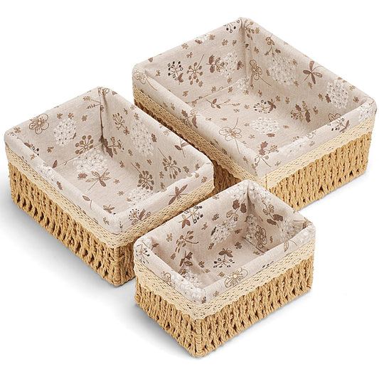 Amaredom Floral Wicker Baskets, Handwoven Multi-size 3-Pack Storage Baskets Set, Perfect For Home Organizing, Storage and Décor - Beige