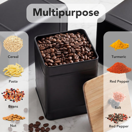 PERFNIQUE Kitchen Canisters, Airtight Canister Sets for Kitchen Counter, Kitchen Canisters for Countertop Set of 4, Coffee Tea Sugar Flour Spice Tin Jars Food Storage Container with Lid(Black)