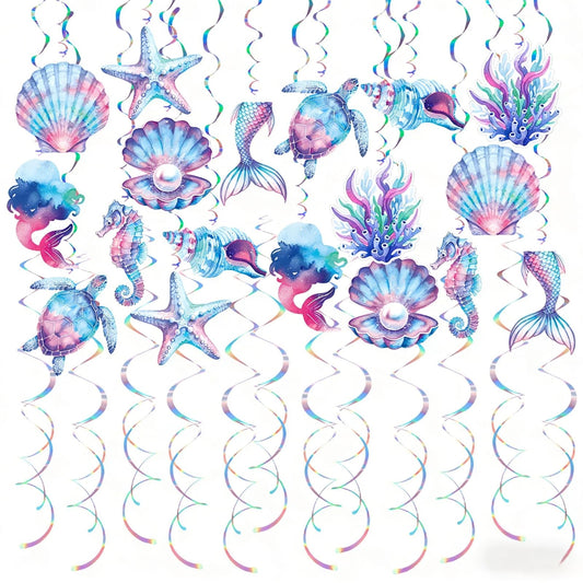 Mermaid Hanging Swirls, 36Pcs Mermaid Ceiling Streamers Sea Creature Hanging Decorations for Ocean Mermaids Theme Party Supplies