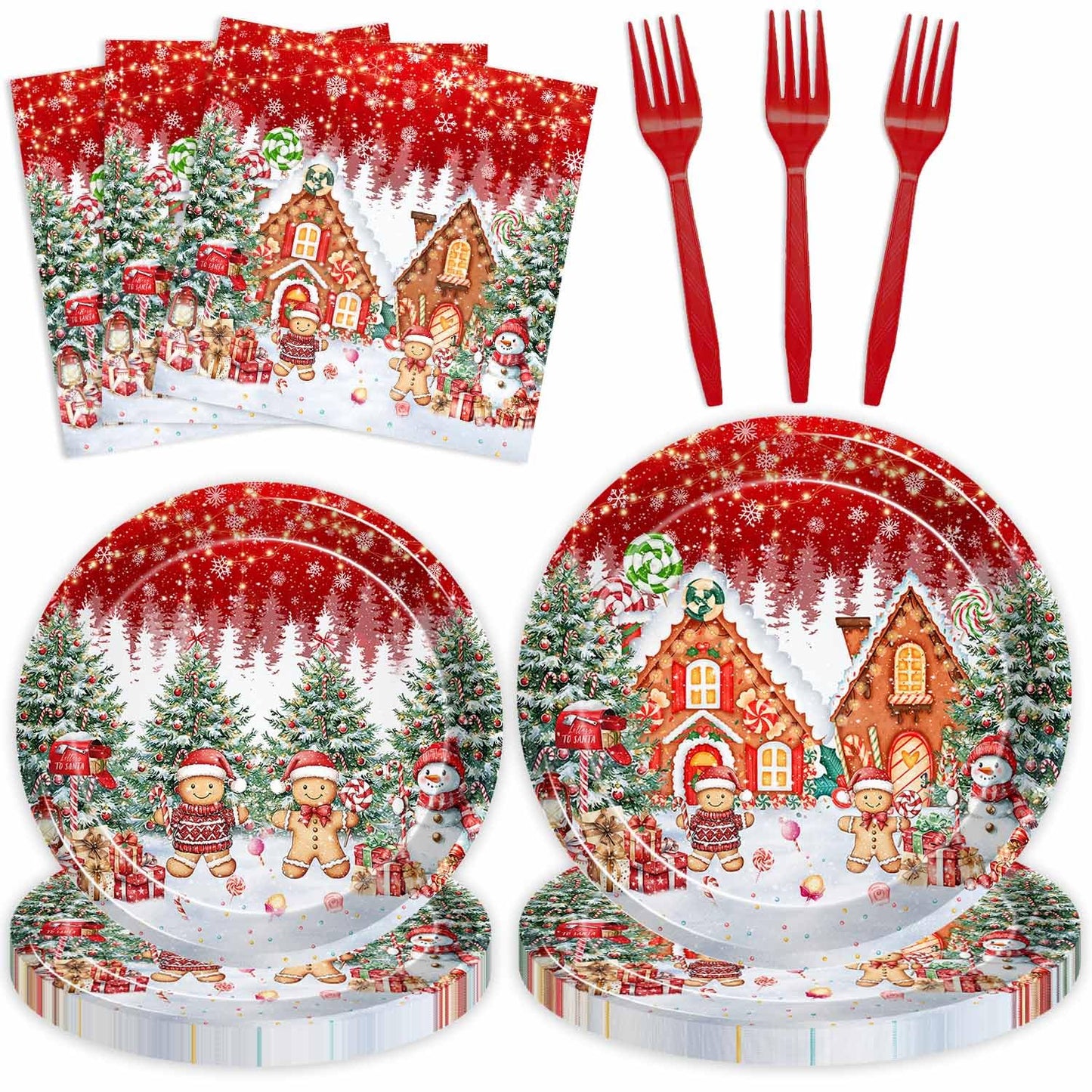 Joliaco 96 Pcs Red Gingerbread House Tableware Set Christmas Candy House Gingerbread Man Disposable Paper Plates and Napkins Xmas Candyland Party Supplies for 24 Guests