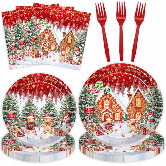 Joliaco 96 Pcs Red Gingerbread House Tableware Set Christmas Candy House Gingerbread Man Disposable Paper Plates and Napkins Xmas Candyland Party Supplies for 24 Guests