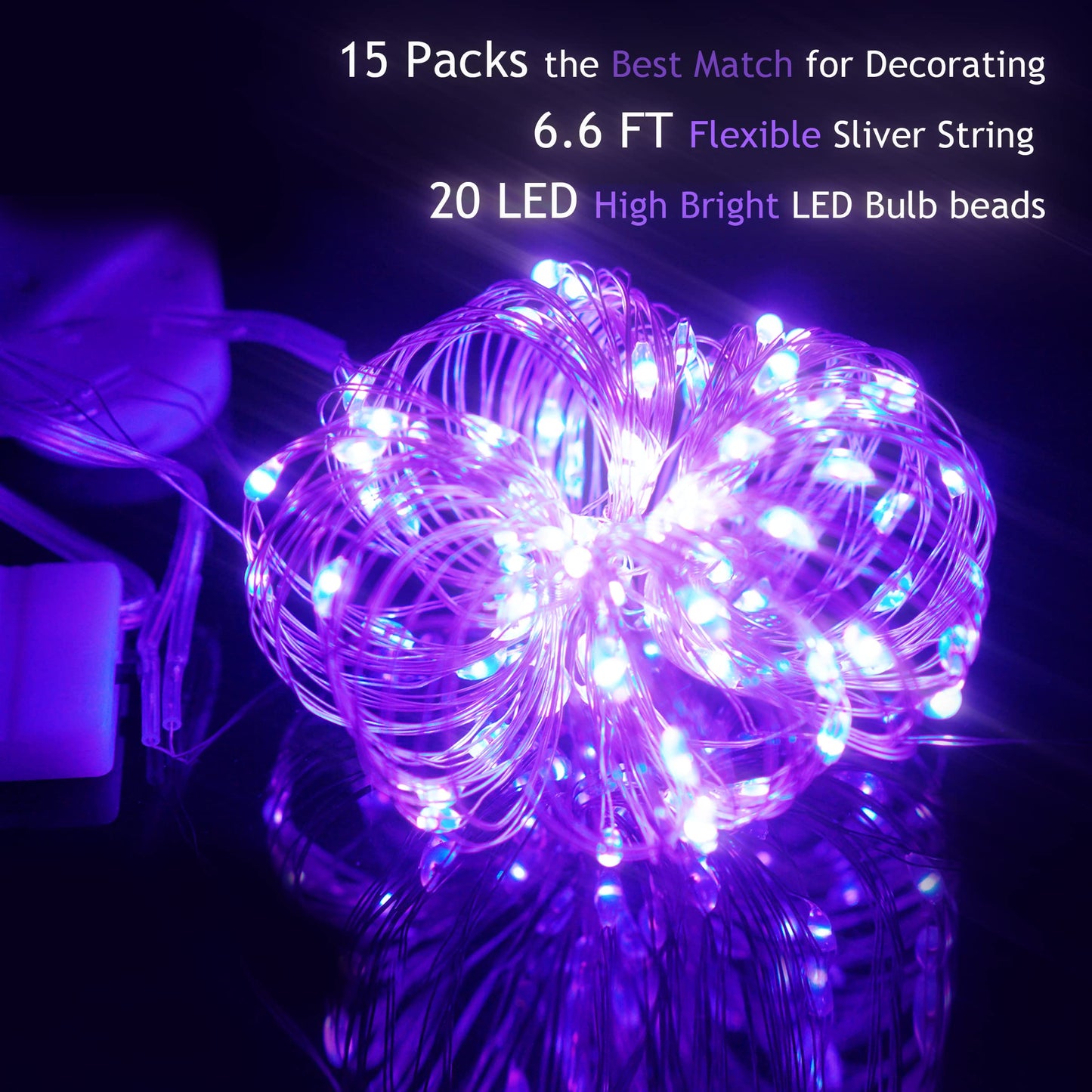 SmilingTown 15 Packs 20 Led Purple Fairy Lights Battery Operated 6.6ft Silver String Lights Waterproof Firefly Starry Light for DIY Table Centerpieces Wedding Halloween Christmas Party Decor
