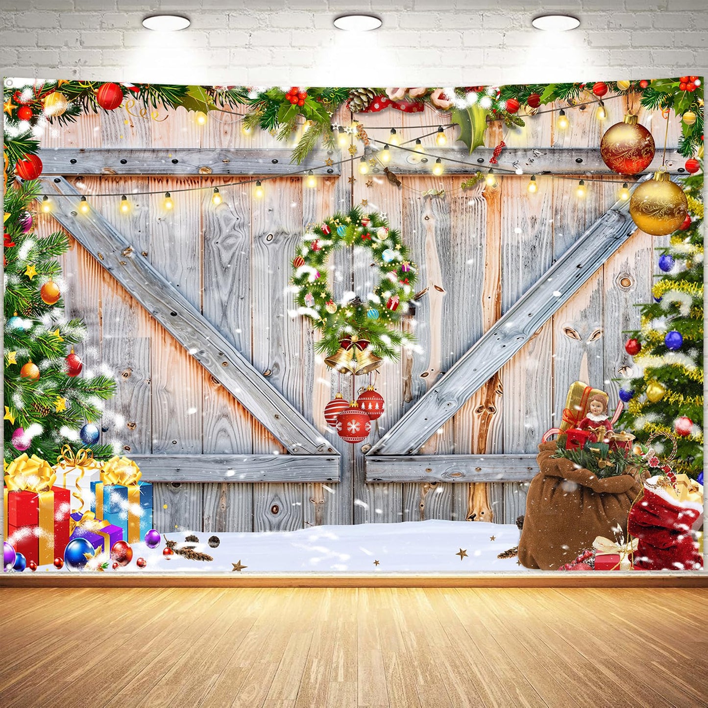 Christmas Photo Backdrop for Photography, Rustic Barn Wood Door Backdrops for Photoshoot, Xmas Tree Snow Red Gift Christmas Party Decorations 7x5ft