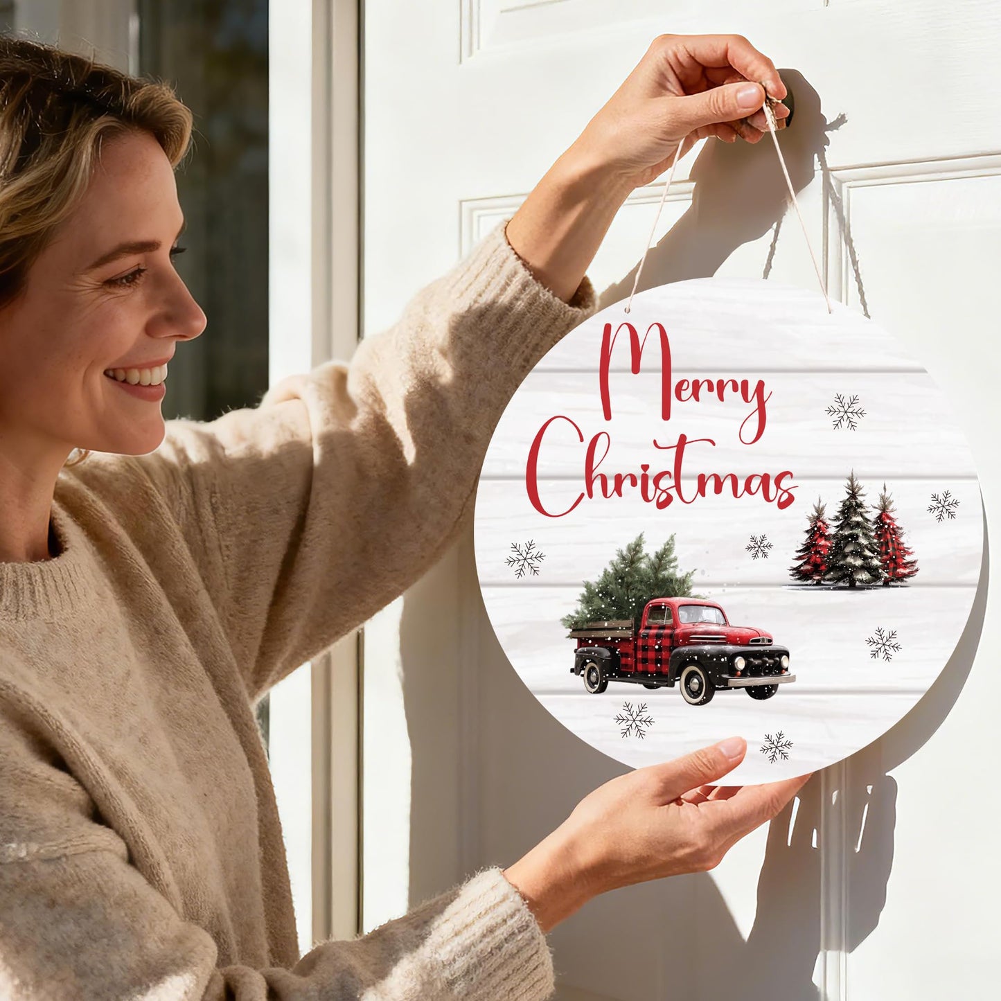 Merry Christmas Wood Hanging Sign, Christmas Welcome Decor for House Front Door