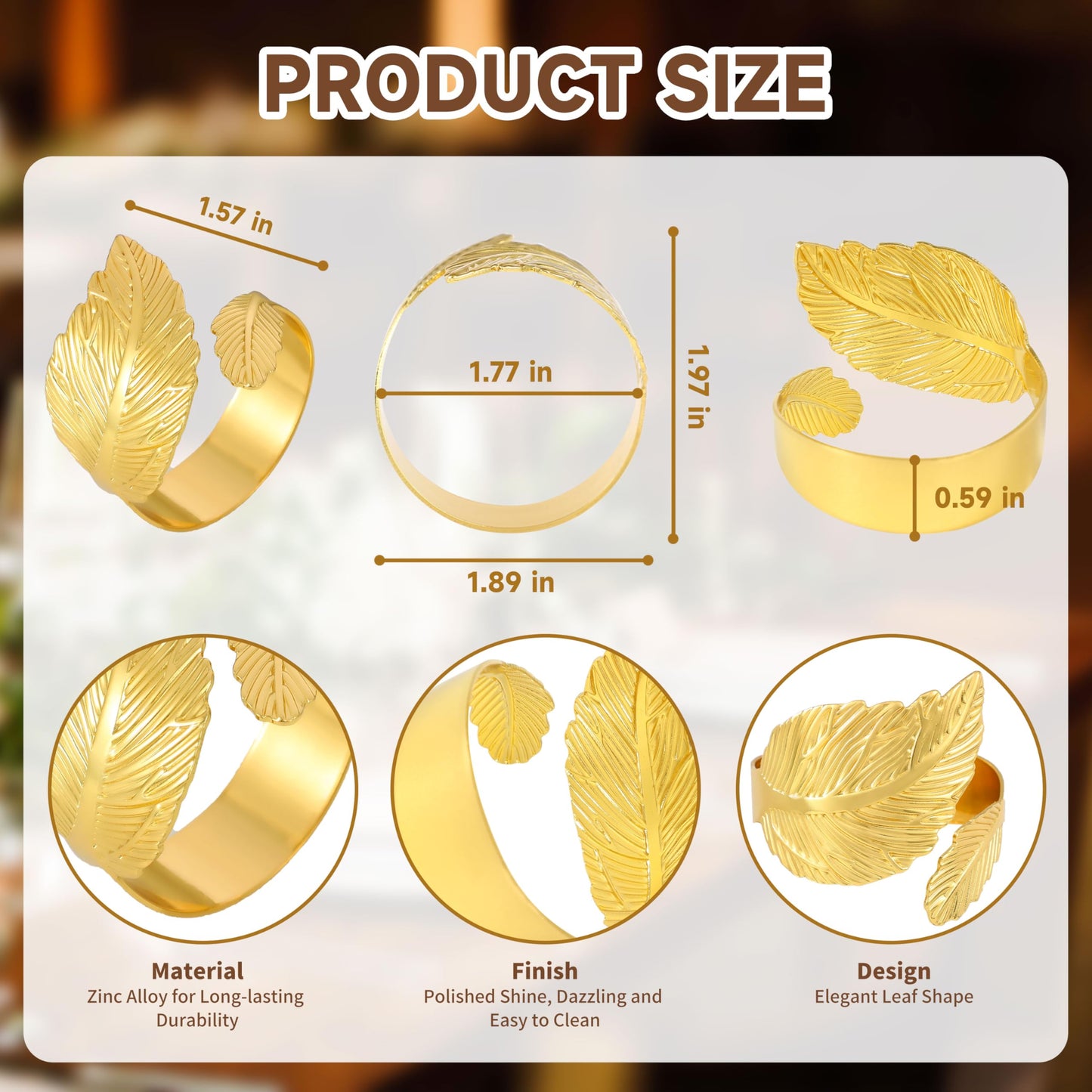 MONKKINO Napkin Rings Set of 12, Shiny Gold Napkin Rings, Smooth, Easy Care, Solid Metal Laurel Leaf Shaped Elegant Table Decor, Stylish Napkin Ring Bulk for Holidays Wedding, Party, New Homes Gift
