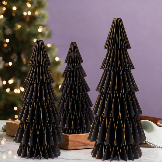 SUNBEAUTY 3PCS Black and Gold Honeycomb Paper Christmas Tree, 3D Christmas Tree Table Centerpiece with Magnetic Attachment,Christmas Winter Newyear Party Holiday Home Decor