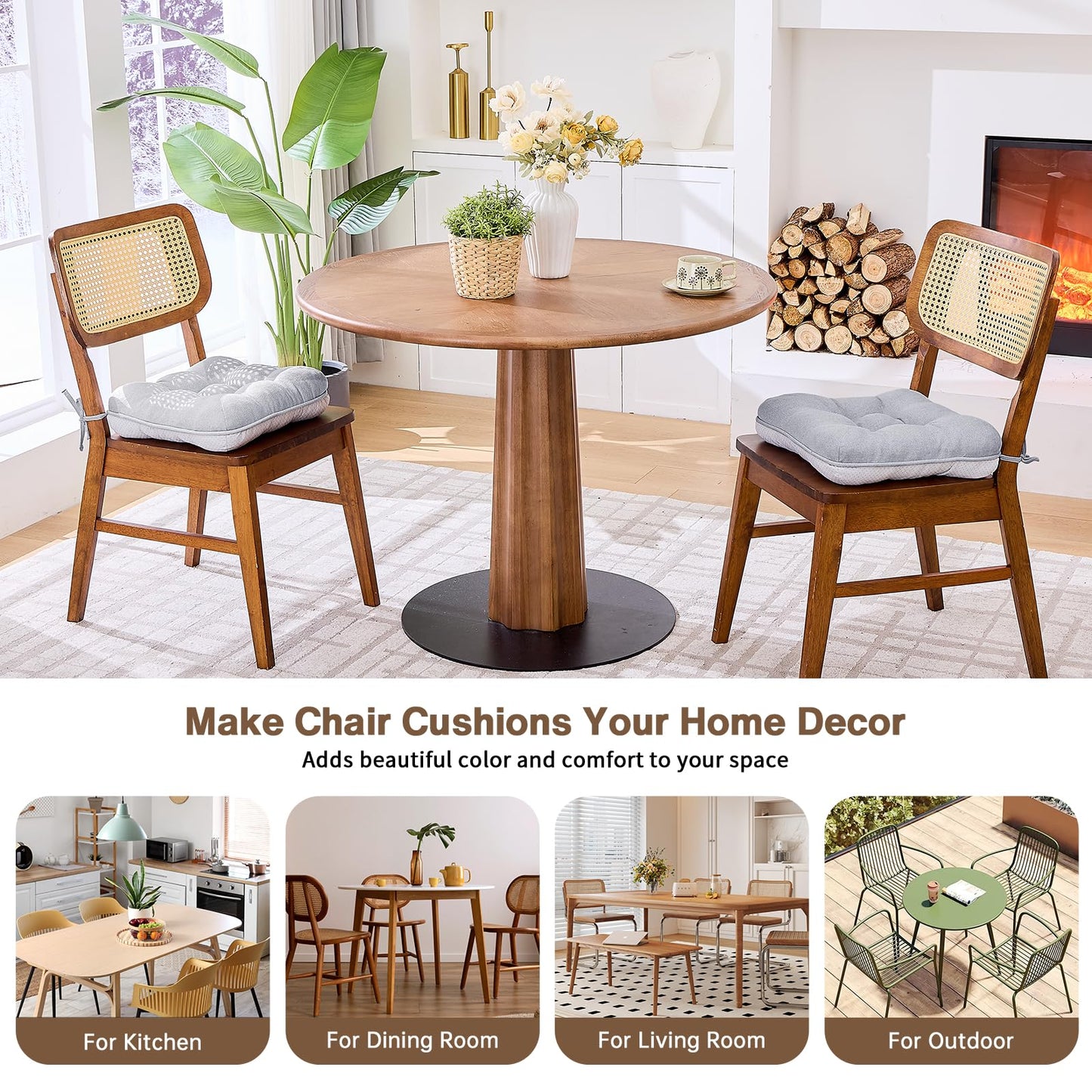 BETU Chair Cushions for Dining Chairs Set of 2,3.5" Thick Kitchen Table Chair Pads with Ties,Non Slip Backing and Covers, Seat Cushion for Dining Room,Bar,Patio Chairs,15.5"X15.5"X3.5",Light Grey