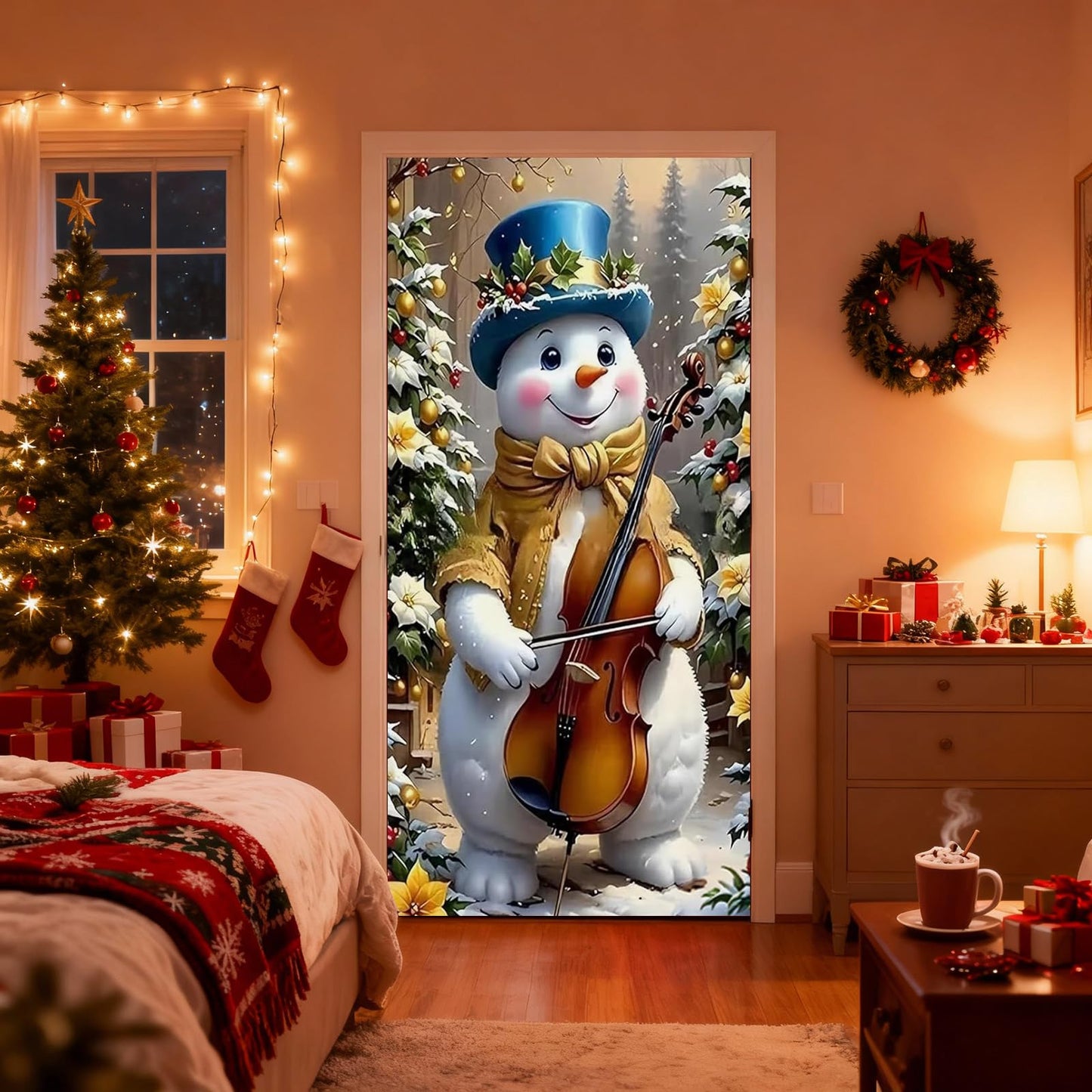 NECGNIQ Christmas Door Cover, Elastic New Year Front Door Sleeve Decoration Snowman Porch Sign Christmas Ball Photography Background Banner Holiday Decor(Style 2)
