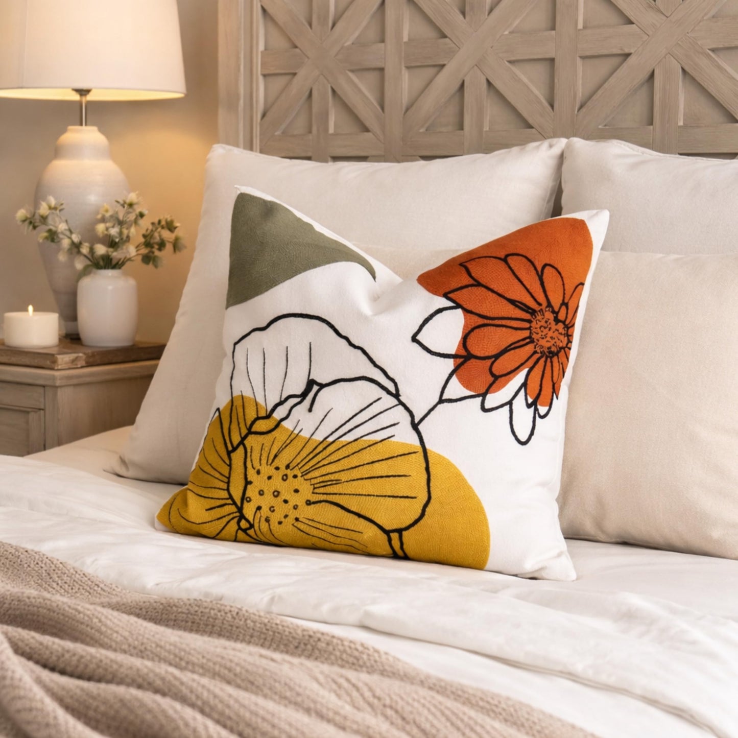 AYAY Decorative Velvet Throw Pillow Cover 18x18 Inch – Beige with Yellow, Rust & Olive Embroidered Floral Design, Earthy Boho Accent Cushion, Hidden Zipper, Cover Only