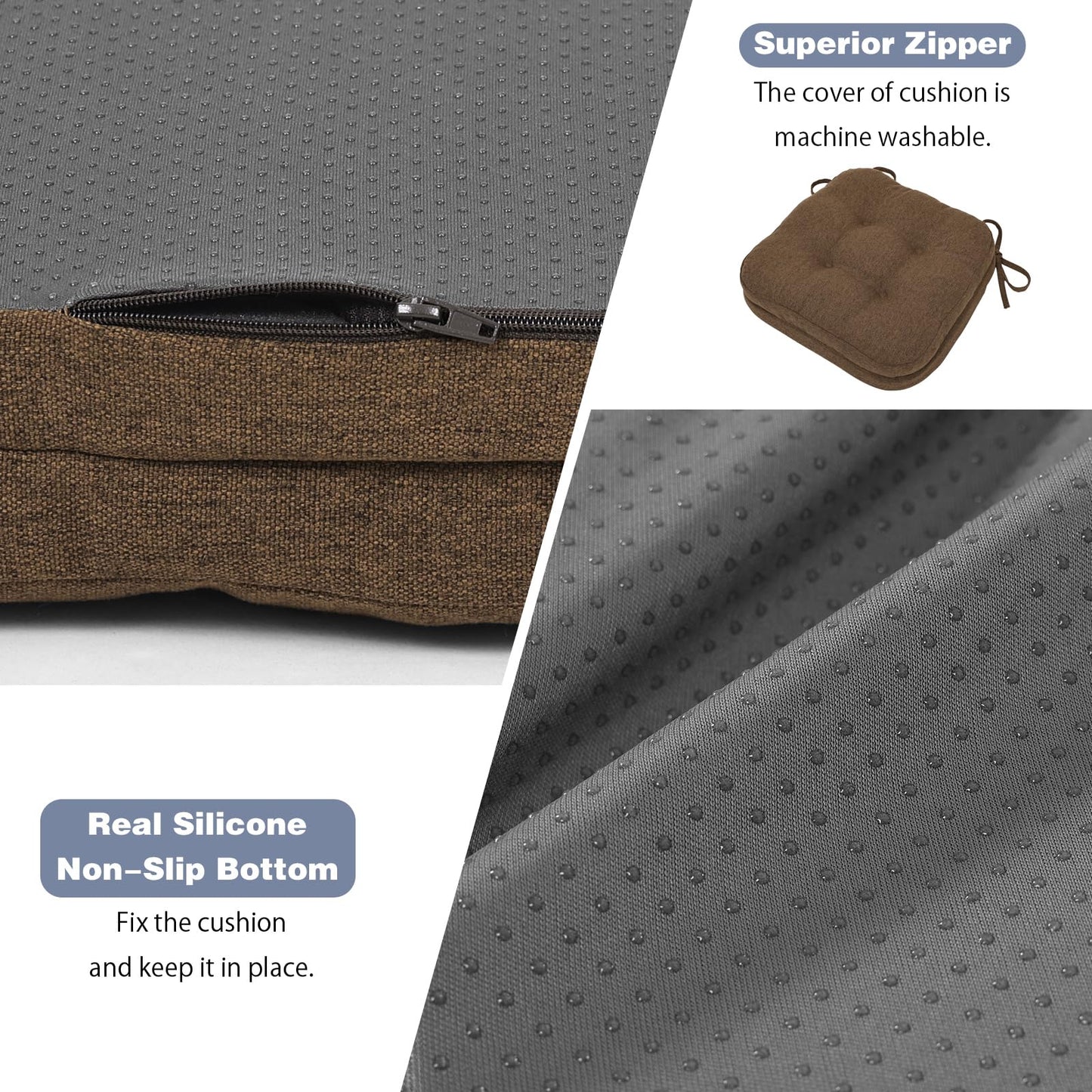 baibu Dining Chair Cushions, Dual-Layer Patent Design Memory Foam Kitchen Chair Cushions, Non-Slip Seat Pads with Ties, 16.5 x 16.5 x 3.5in, 1 Pack, Dark Brown