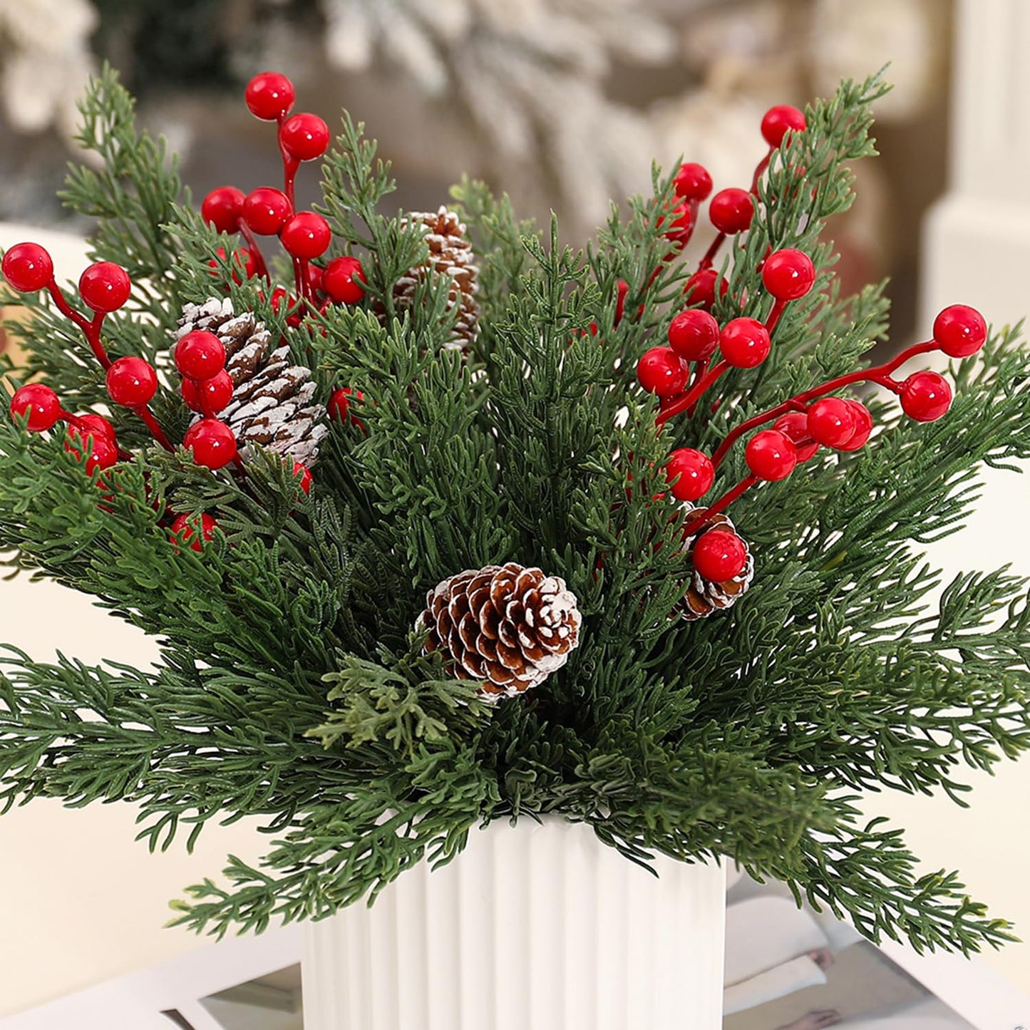 HOMCDALY Christmas Artificial Pine Branches with Red Berry and Pinecone for Tabletop Christmas Decorations, Fake Plants with Ceramic Pot, Small Chritstmas Tree for Home Décor, Christmas Decor Indoor